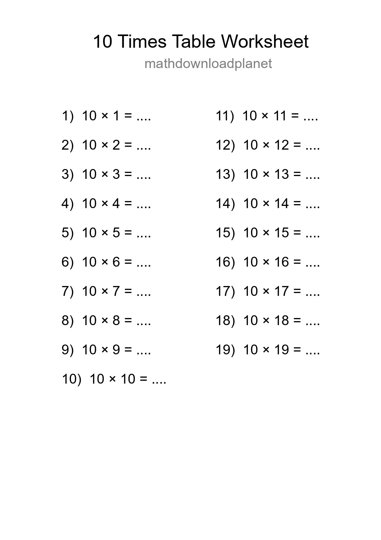 10 Times Table Worksheet For Grade 3 With Answers - Part 163