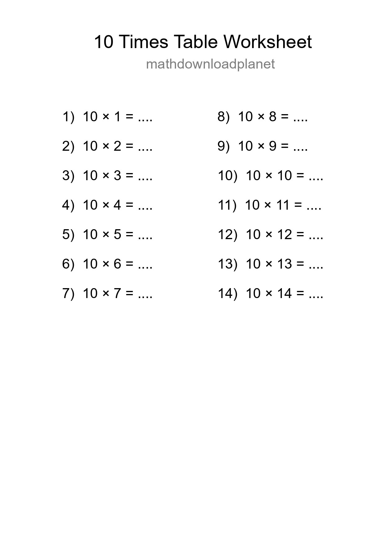10 Times Table Worksheet For Grade 3 With Answers - Part 196