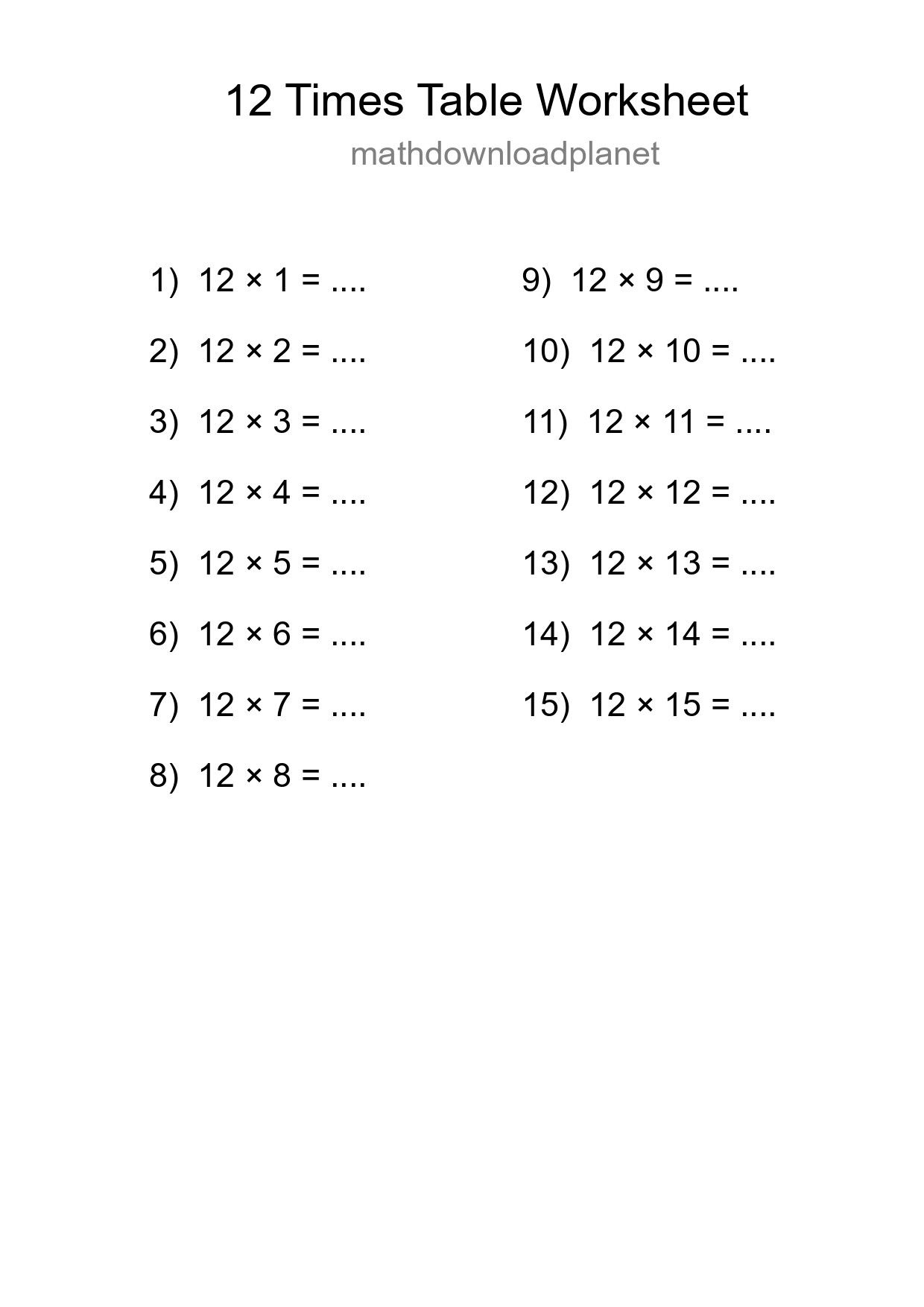 12 Times Table Worksheet For Grade 4 - Part 295