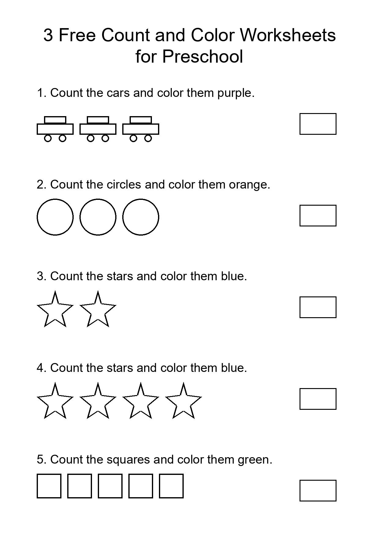 3 Free Count and Color Worksheets for Preschool