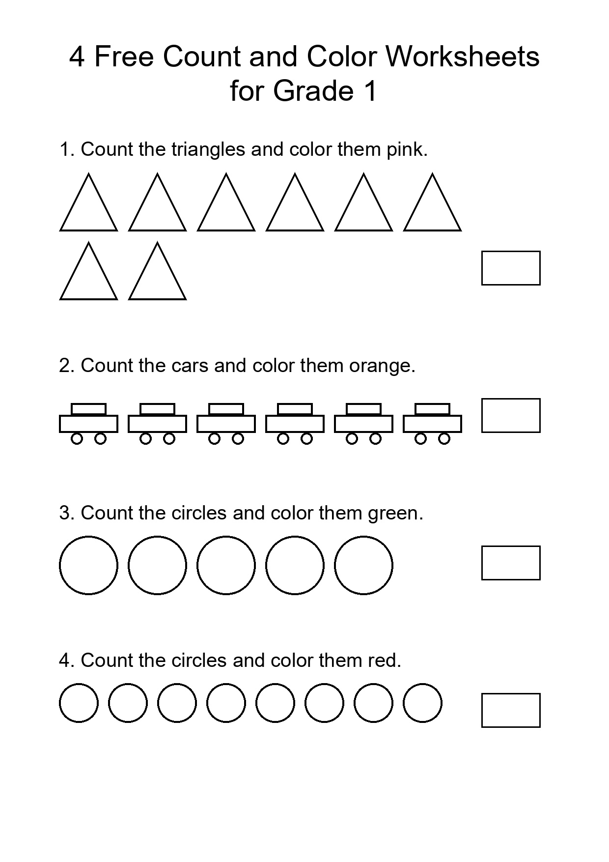 4 Free Count and Color Worksheets for Grade 1