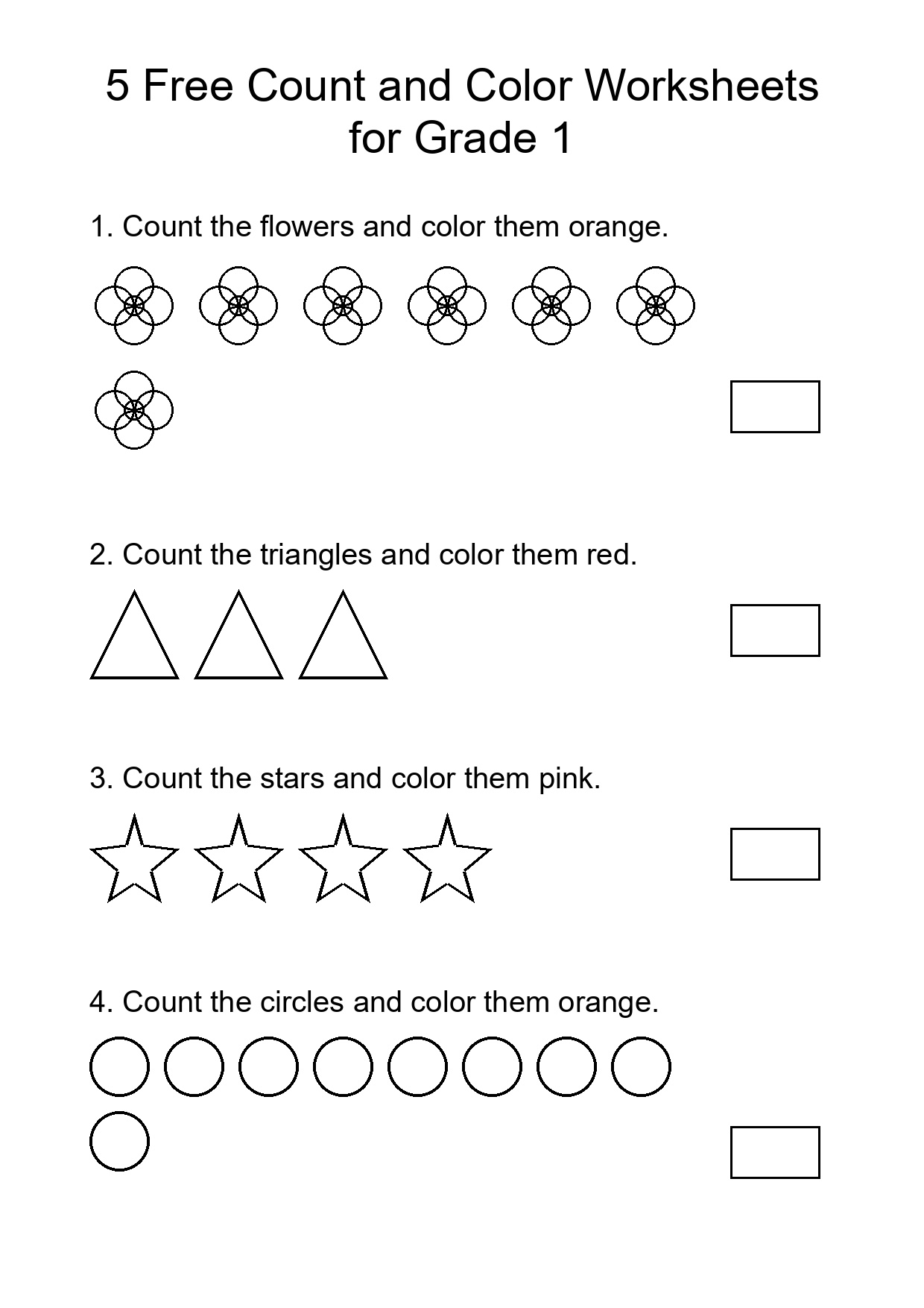5 Free Count and Color Worksheets for Grade 1