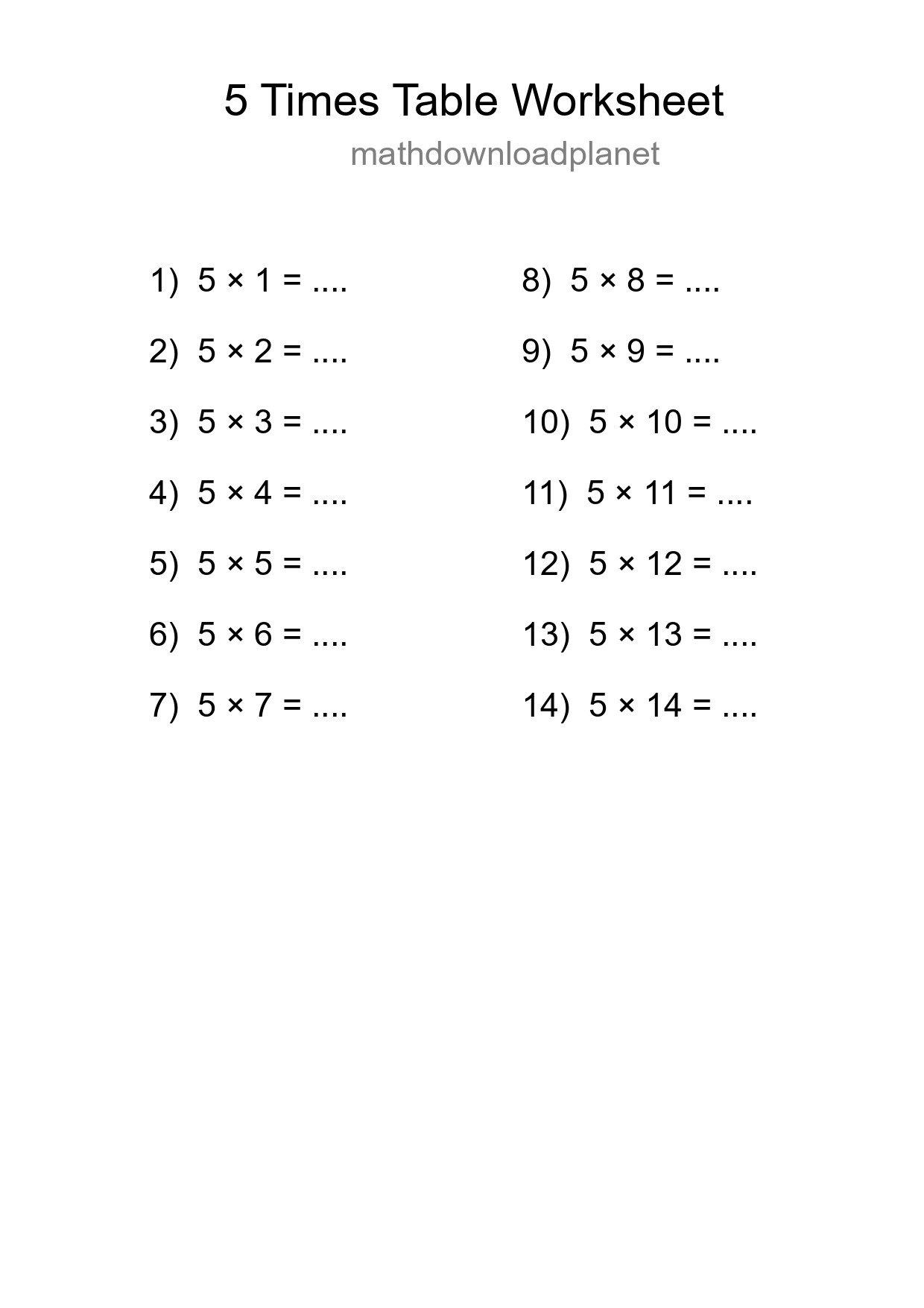 5 Times Table Worksheet For Grade 2 With Answers - Part 284