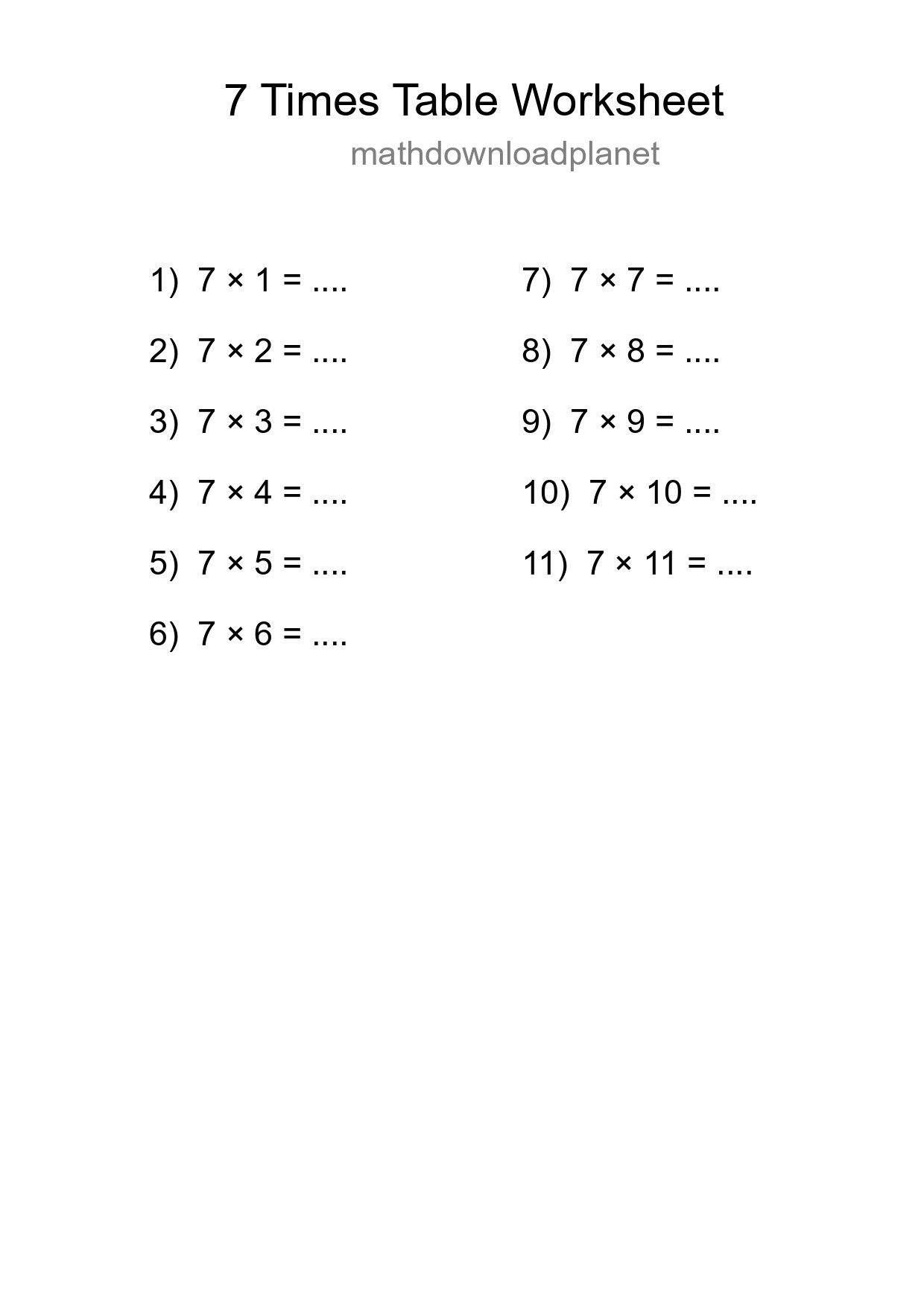 7 Times Table Worksheet For Grade 3 - Part 130