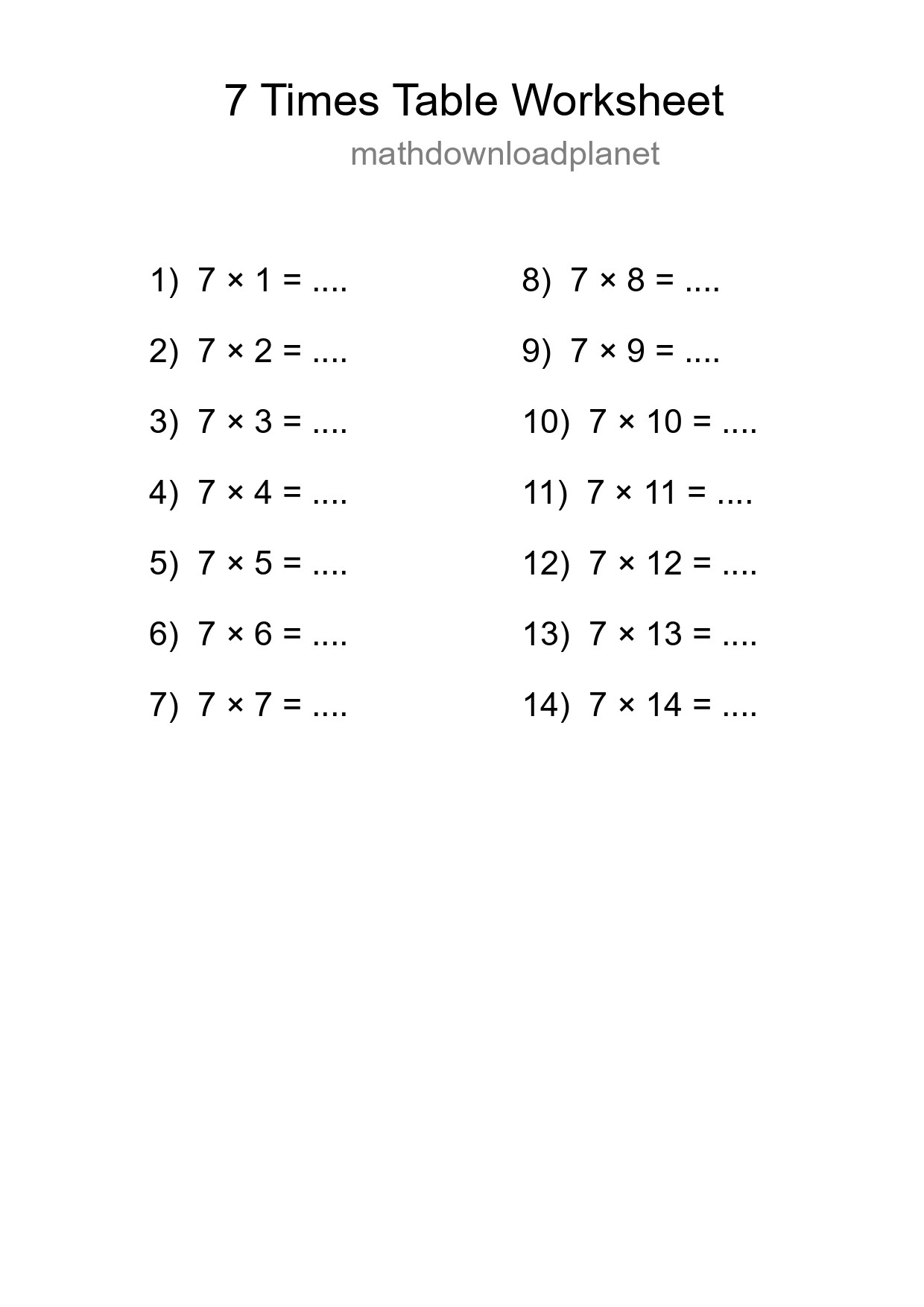 7 Times Table Worksheet For Grade 3 - Part 240