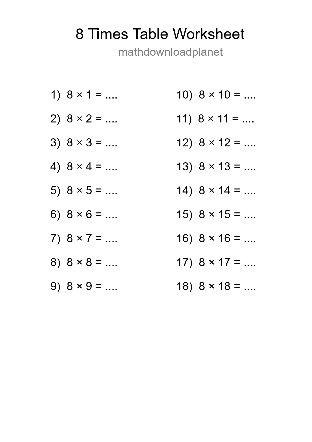8 Times Table Worksheet For Grade 3 - Part 119