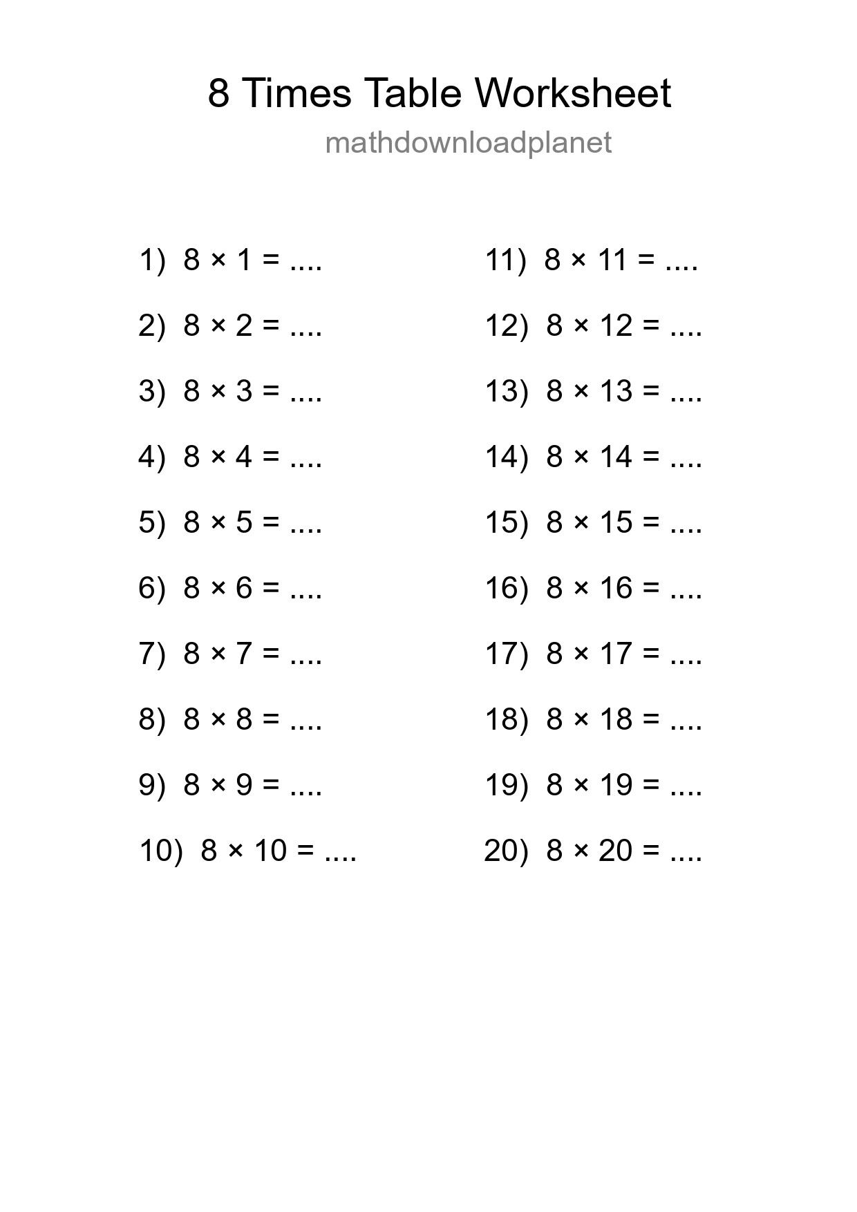 8 Times Table Worksheet For Grade 3 - Part 20