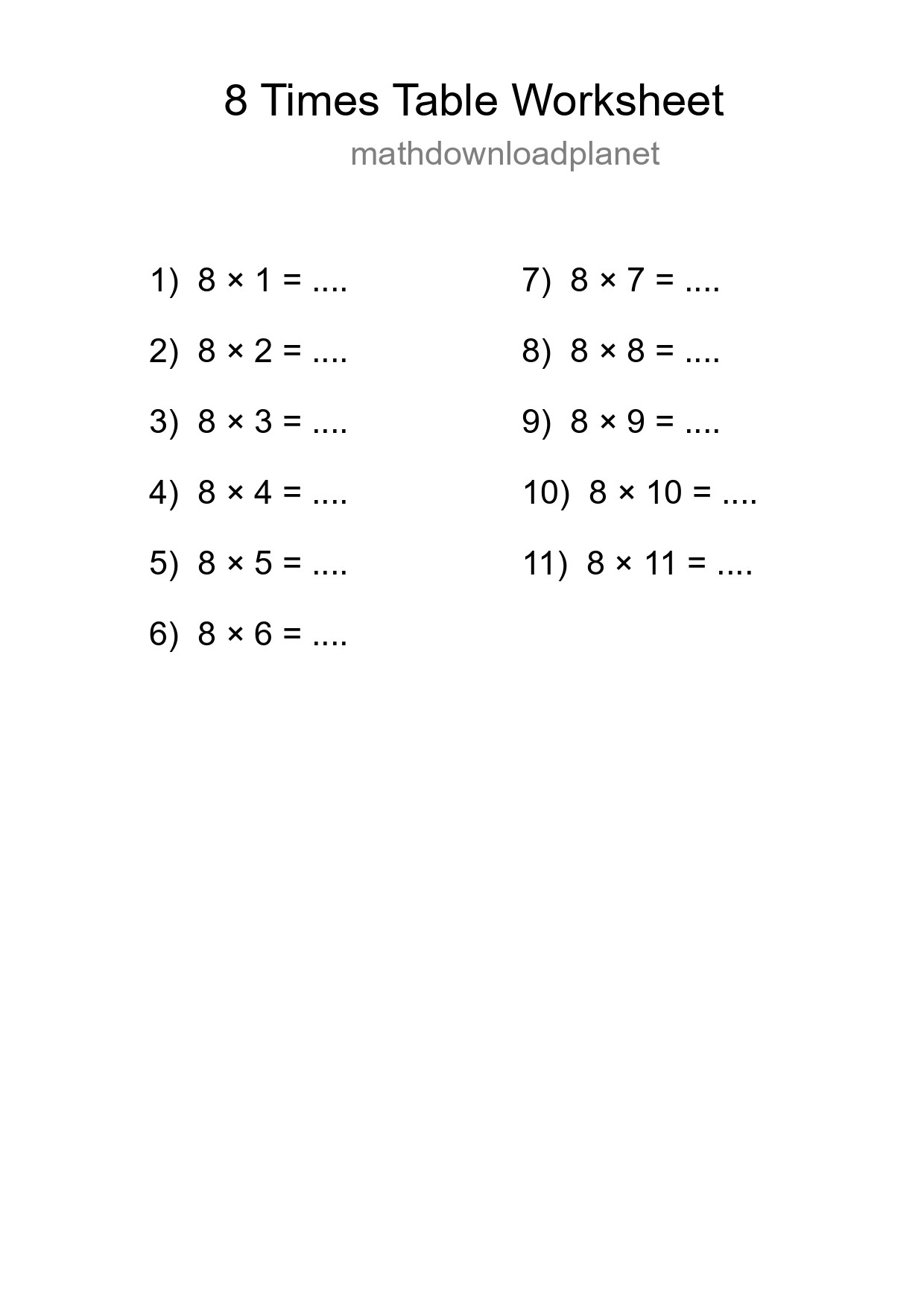 8 Times Table Worksheet For Grade 3 - Part 273