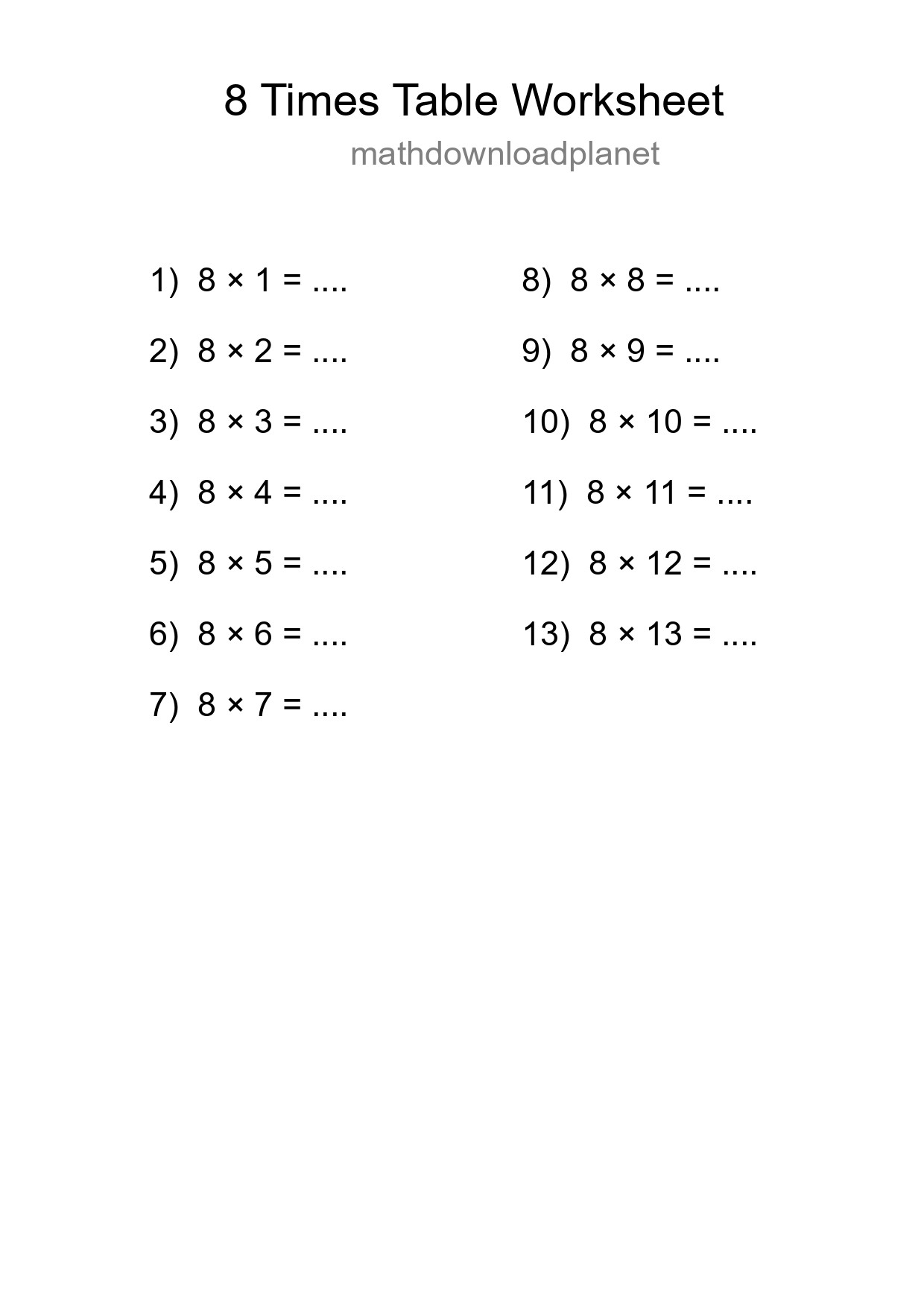 8 Times Table Worksheet For Grade 3 With Answers - Part 9