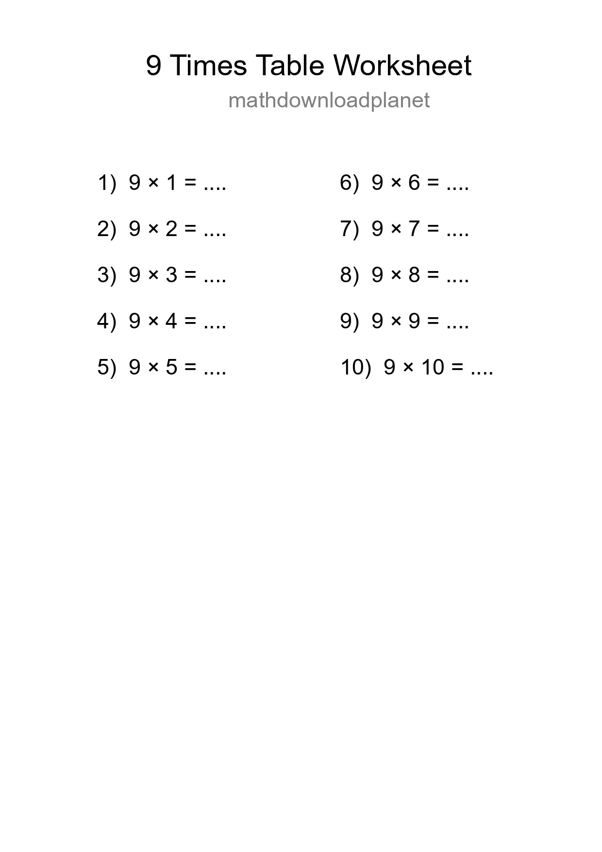 9 Times Table Worksheet For Grade 3 - Part 108