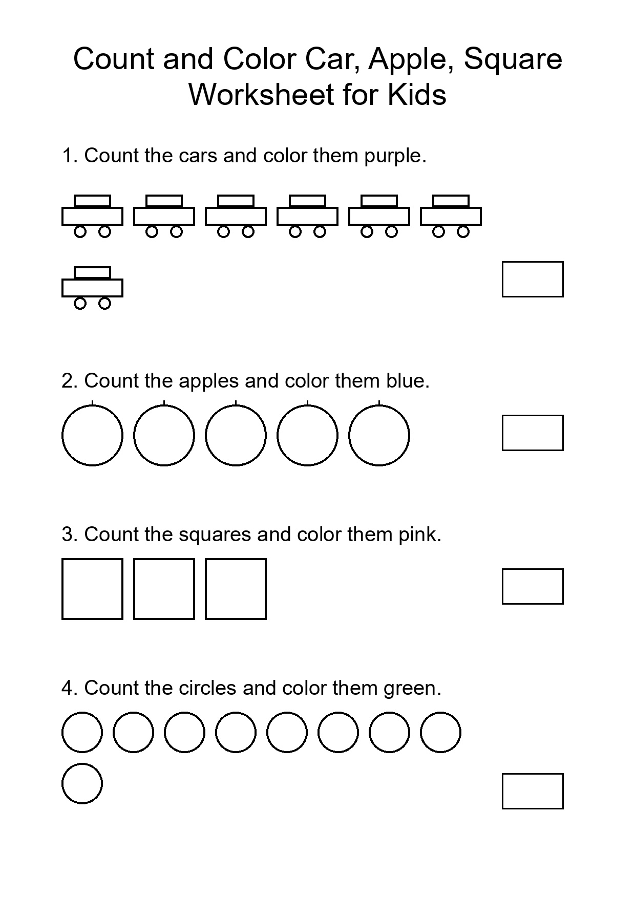 Count and Color Car, Apple, Square Worksheet for Kids