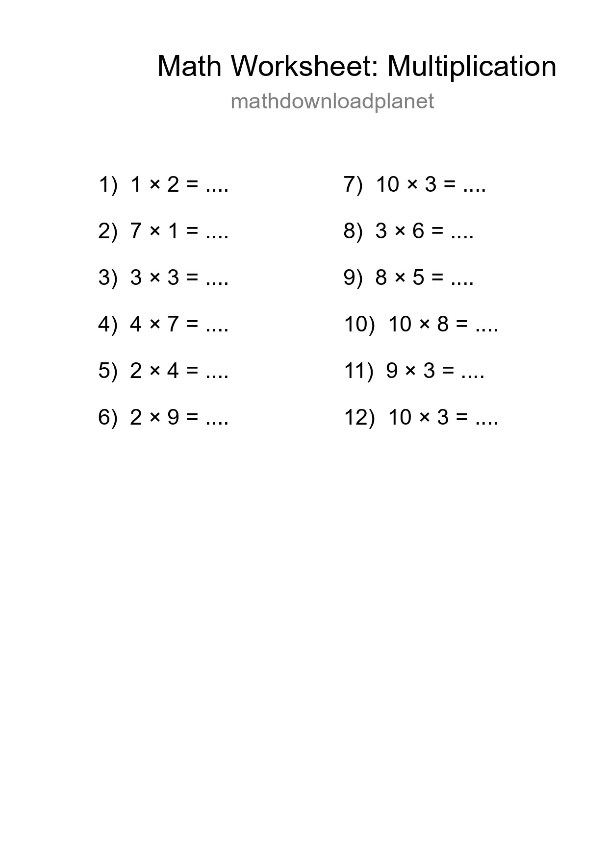 Free 12 Multiplication Math Worksheet For Grade 1 - Part 183
