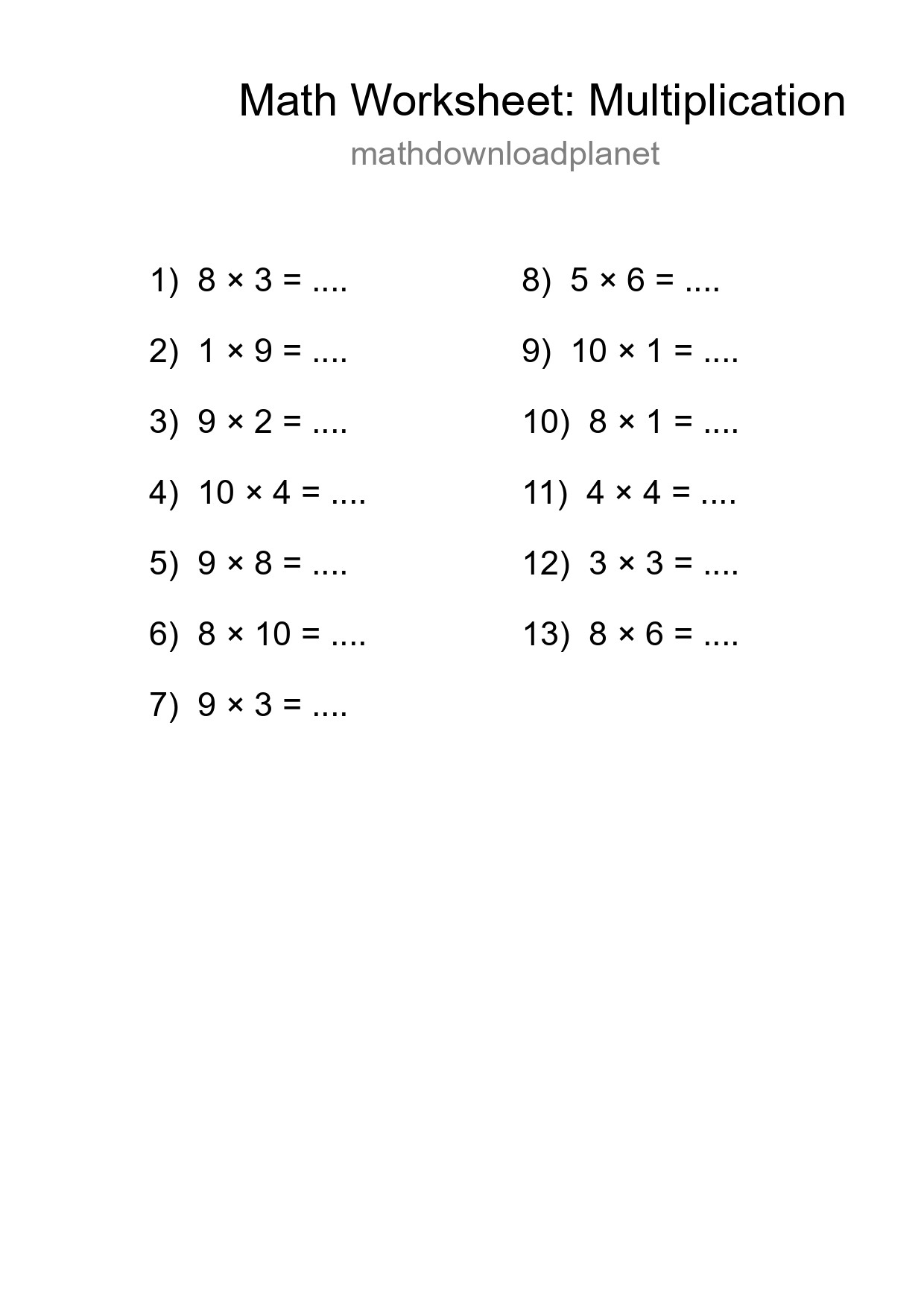 Free 13 Multiplication Math Worksheet For Grade 1 - Part 161