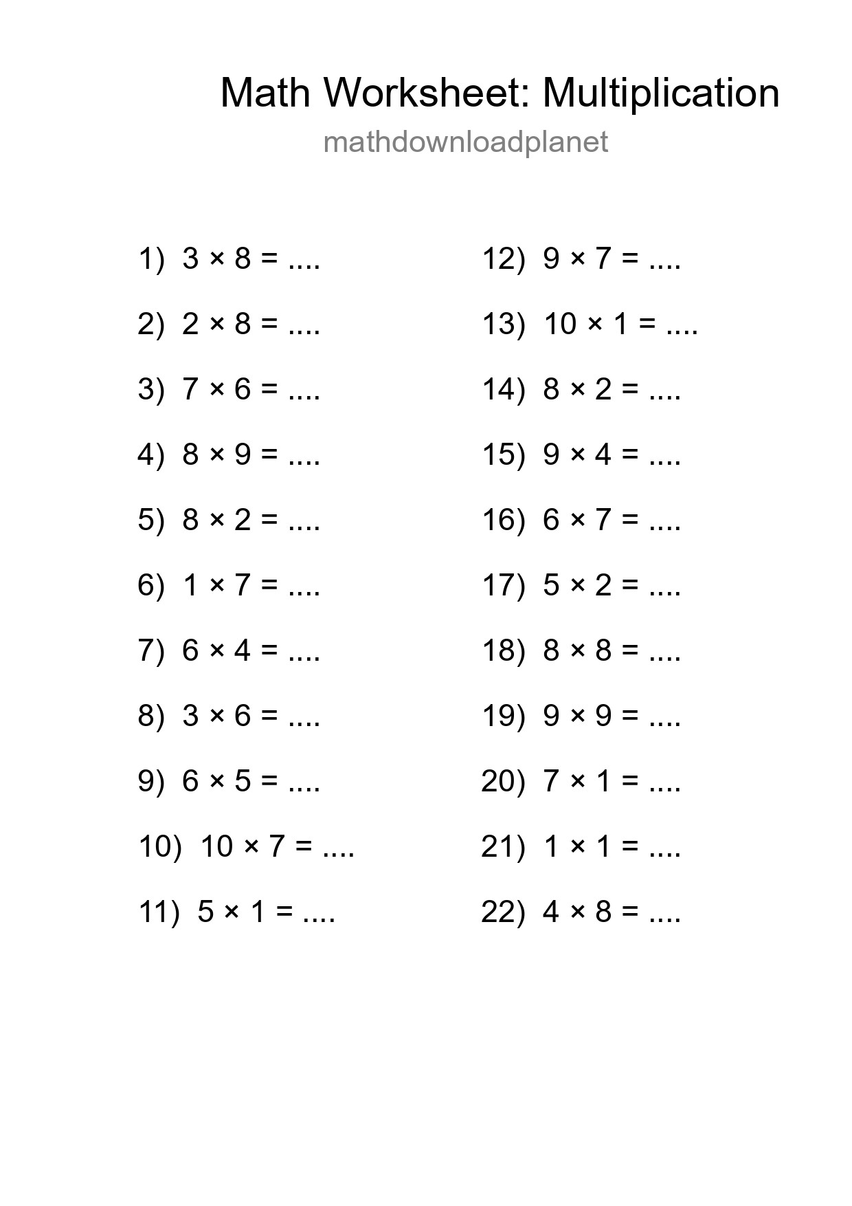 Free 22 Multiplication Math Worksheet For Grade 1 - Part 150