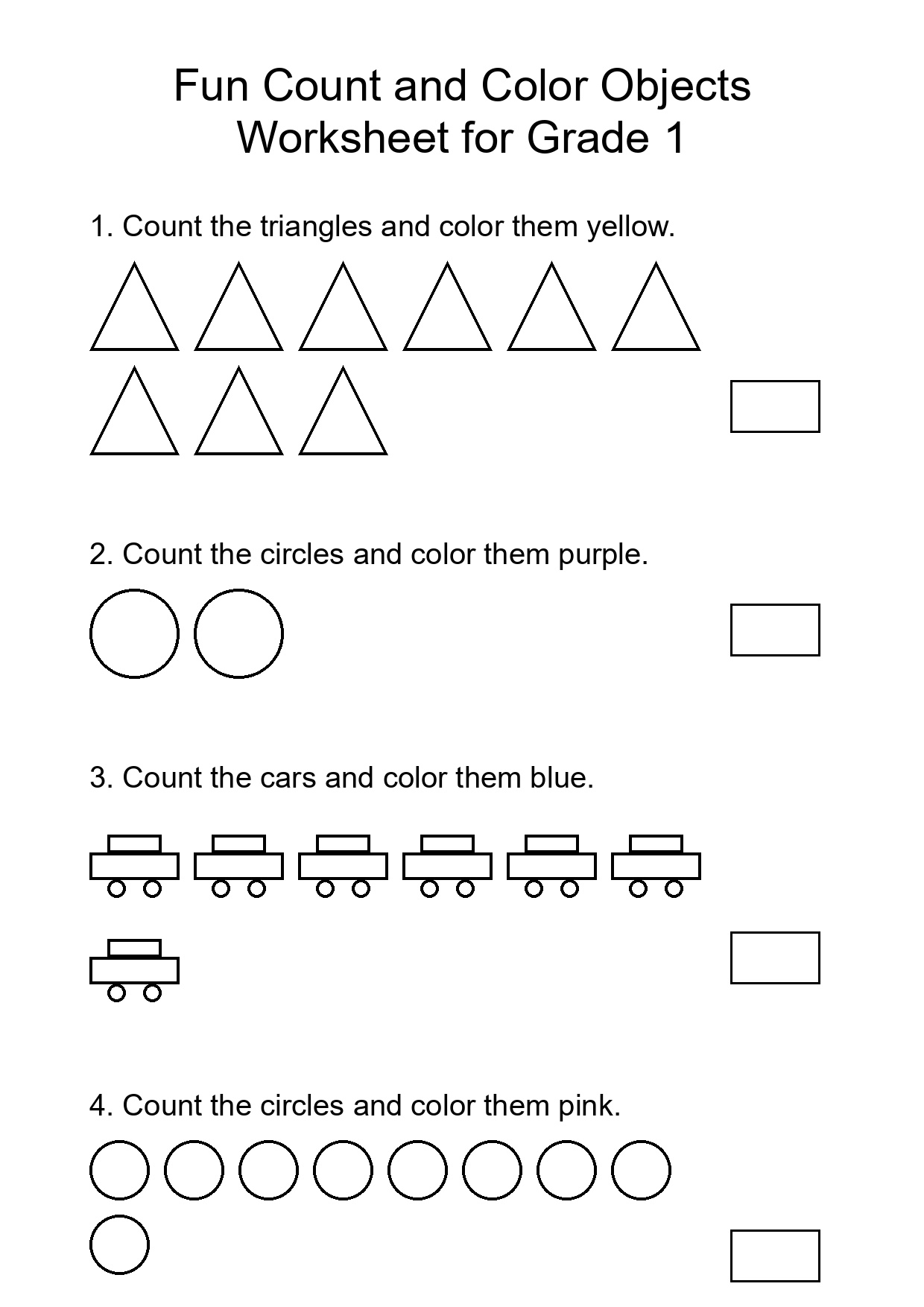 Fun Count and Color Objects Worksheet for Grade 1