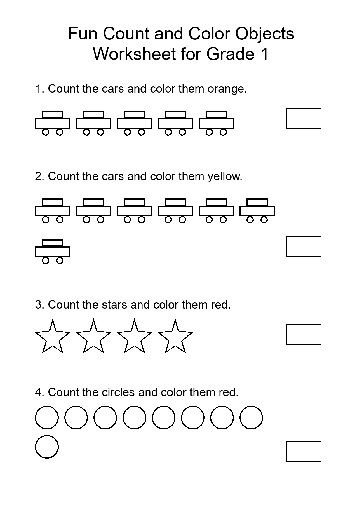 Fun Count and Color Objects Worksheet for Grade 1