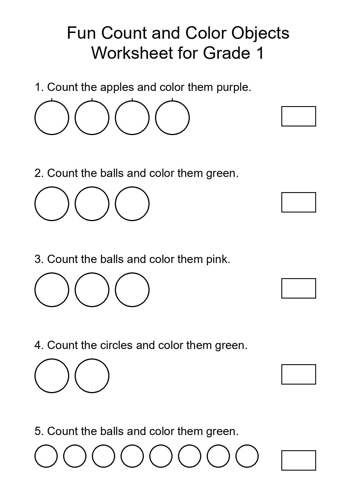 Fun Count and Color Objects Worksheet for Grade 1