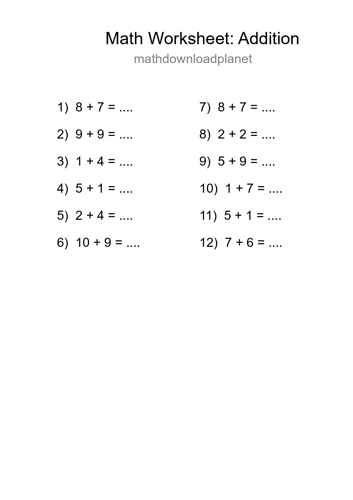 Grade 1 Addition Practice Worksheet (12 Problems) - Part 254