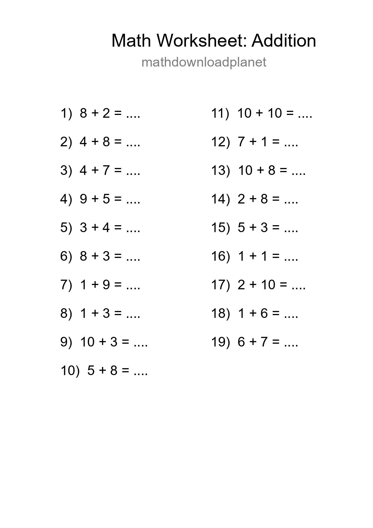 Grade 1 Addition Practice Worksheet (19 Problems) - Part 287