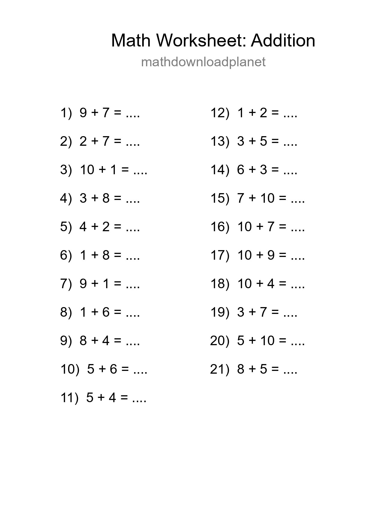 Grade 1 Addition Practice Worksheet (21 Problems) - Part 78