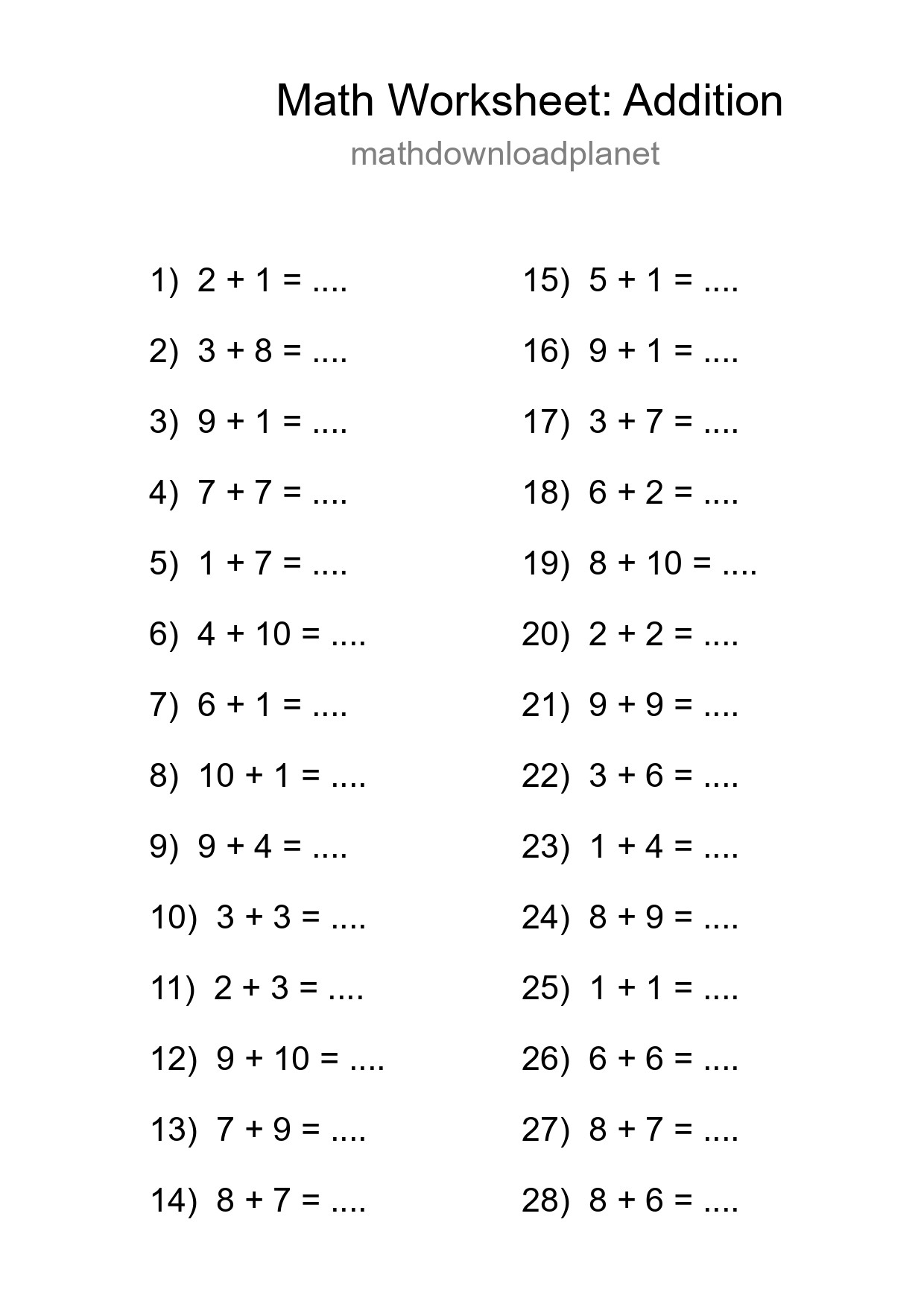 Grade 1 Addition Practice Worksheet (28 Problems) - Part 232