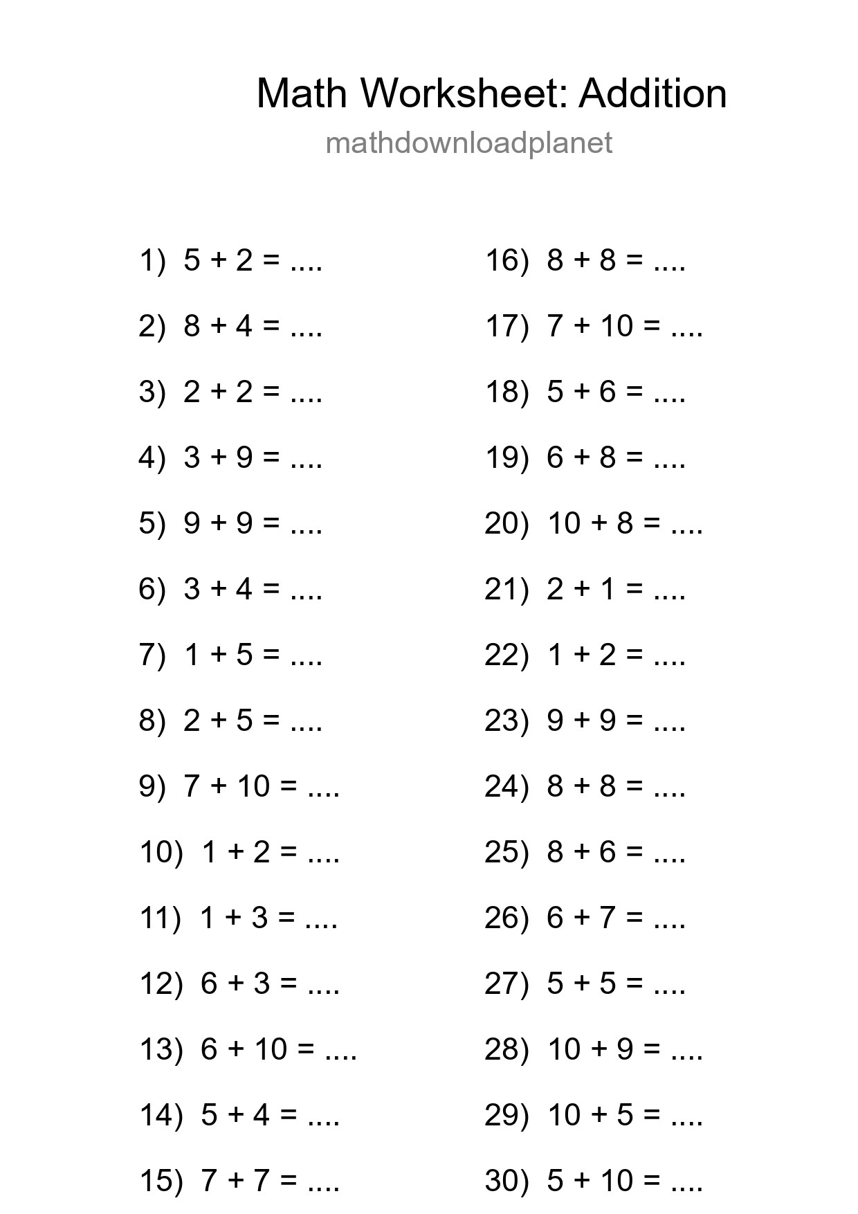 Grade 1 Addition Practice Worksheet (30 Problems) - Part 34