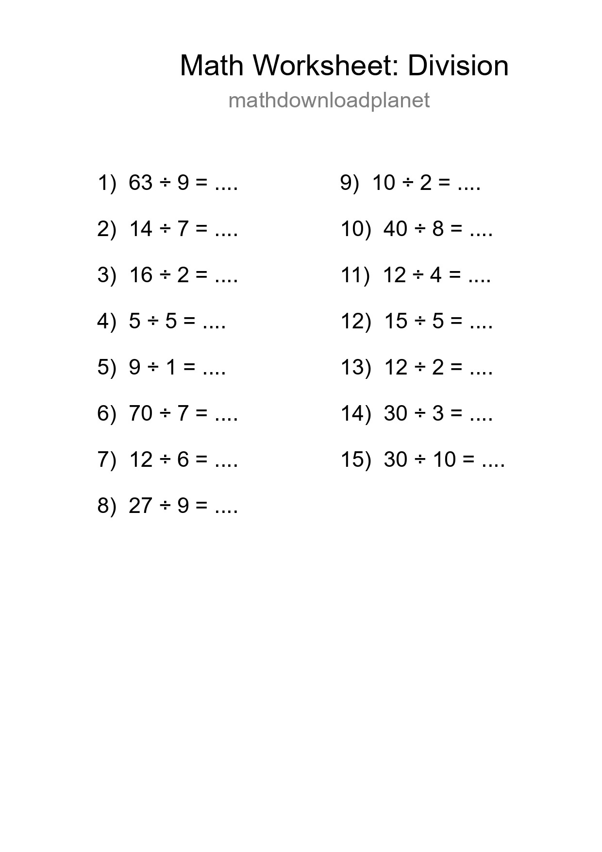 Grade 1 Division Practice Worksheet (15 Problems) - Part 235