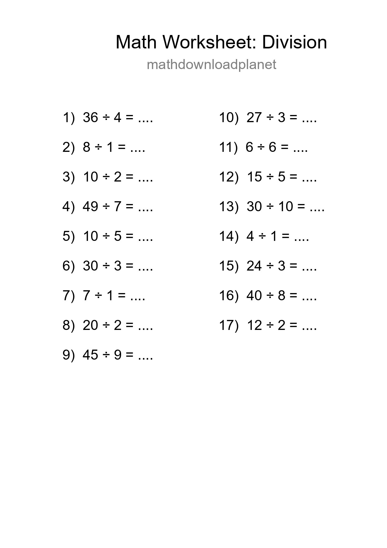 Grade 1 Division Practice Worksheet (17 Problems) - Part 26