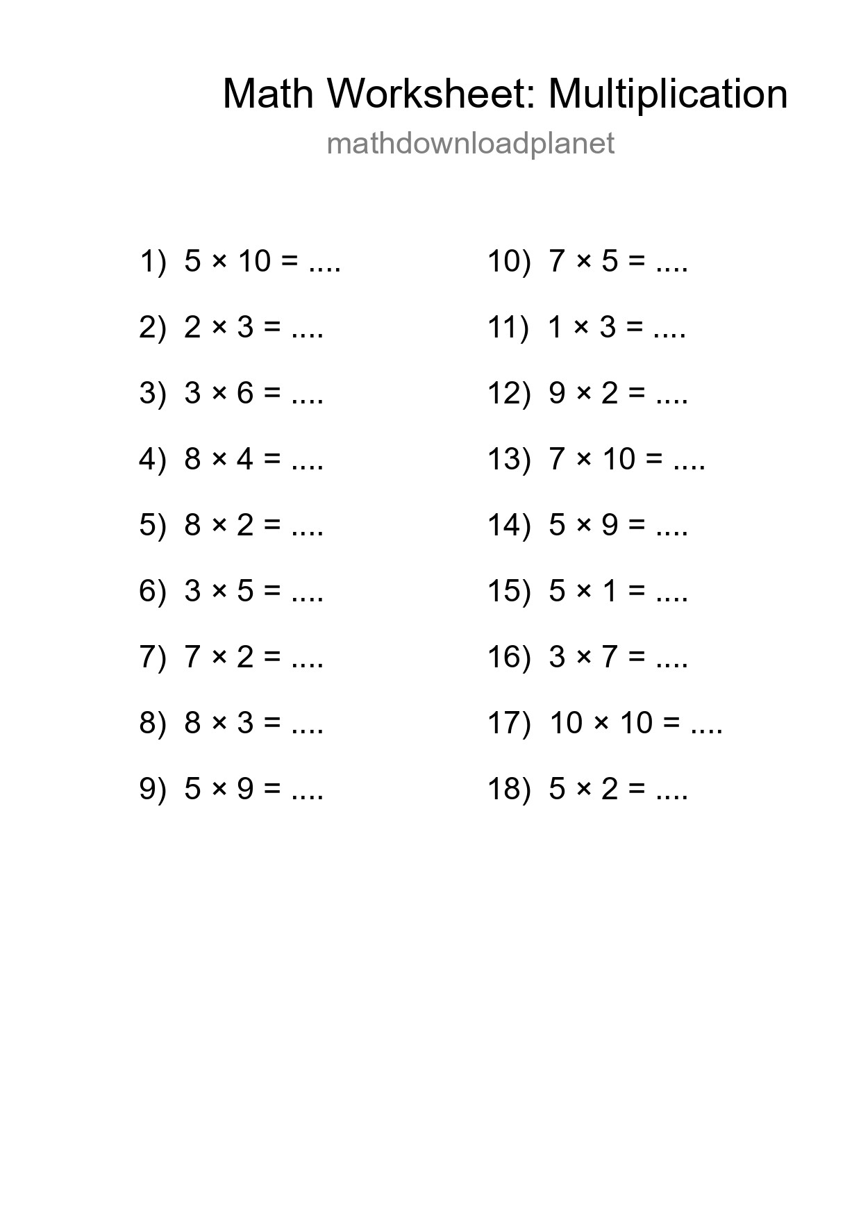 Grade 1 Multiplication Practice Worksheet (18 Problems) - Part 117