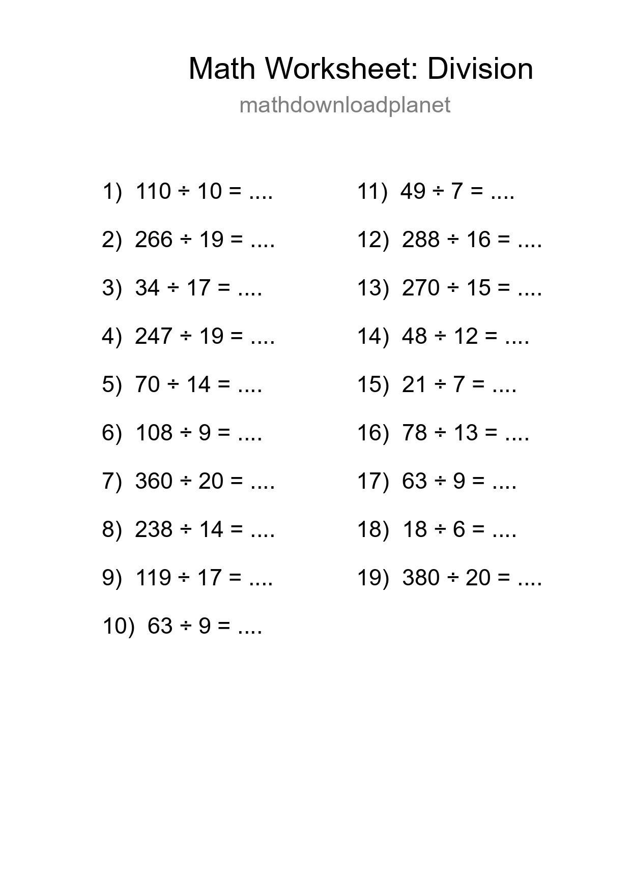 Grade 2 Division Practice Worksheet (19 Problems) - Part 180