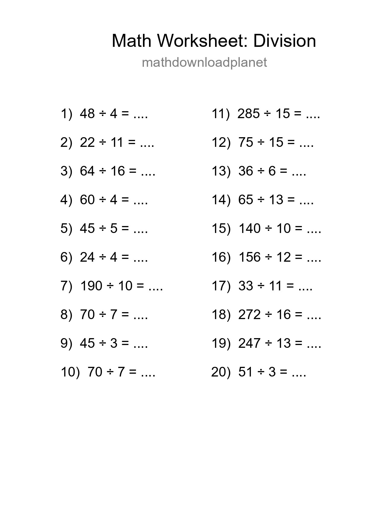 Grade 2 Division Practice Worksheet (20 Problems) - Part 114