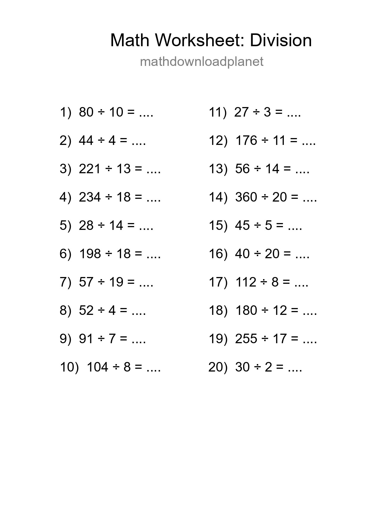Grade 2 Division Practice Worksheet (20 Problems) - Part 257