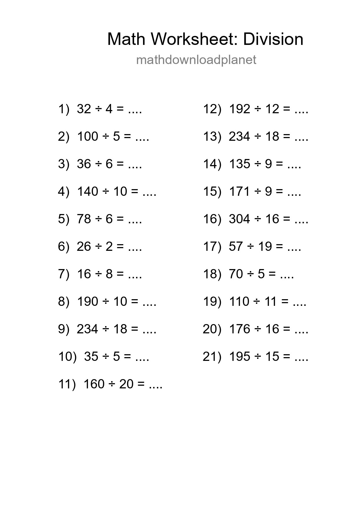 Grade 2 Division Practice Worksheet (21 Problems) - Part 70