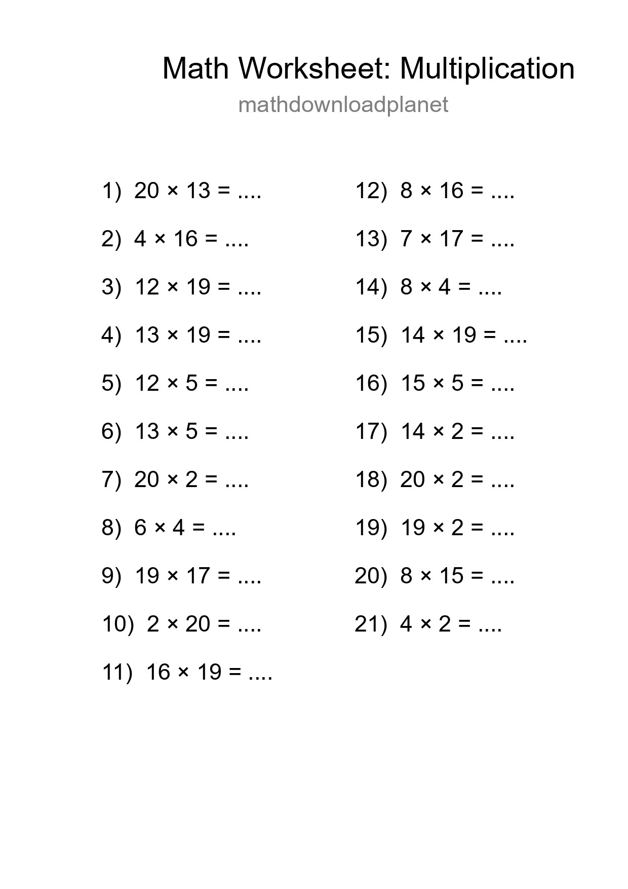 Grade 2 Multiplication Practice Worksheet (21 Problems) - Part 172