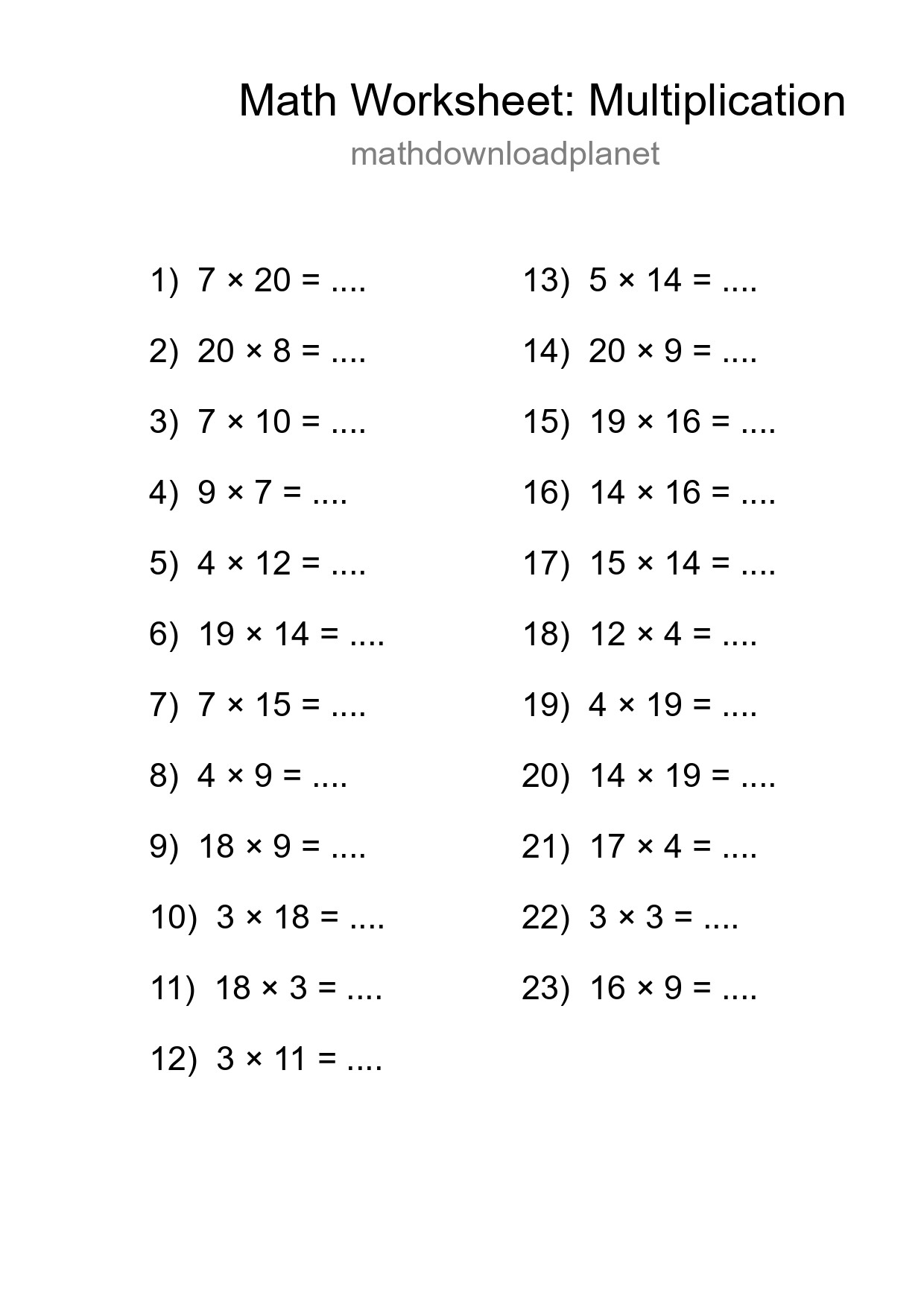 Grade 2 Multiplication Practice Worksheet (23 Problems) - Part 95
