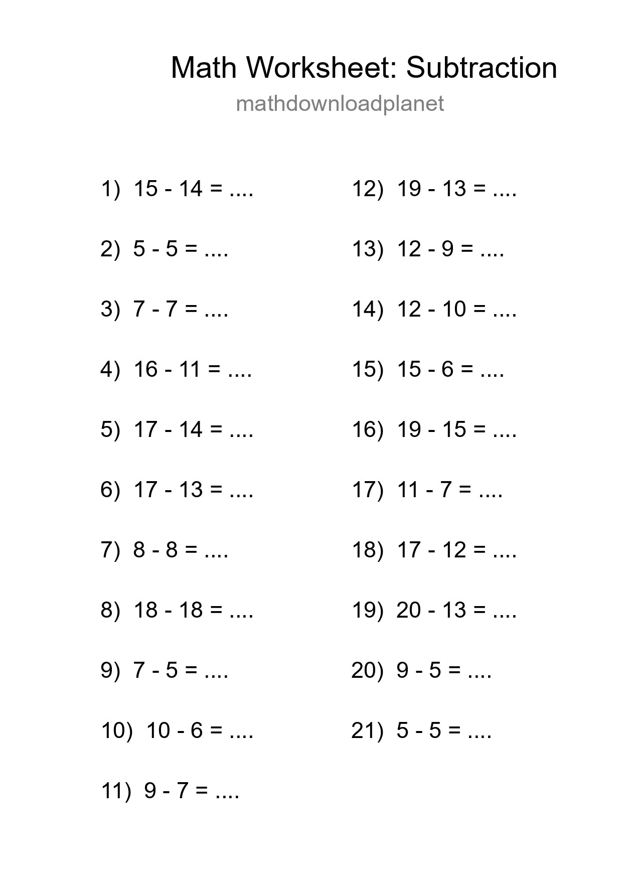 Grade 2 Subtraction Practice Worksheet (21 Problems) - Part 96