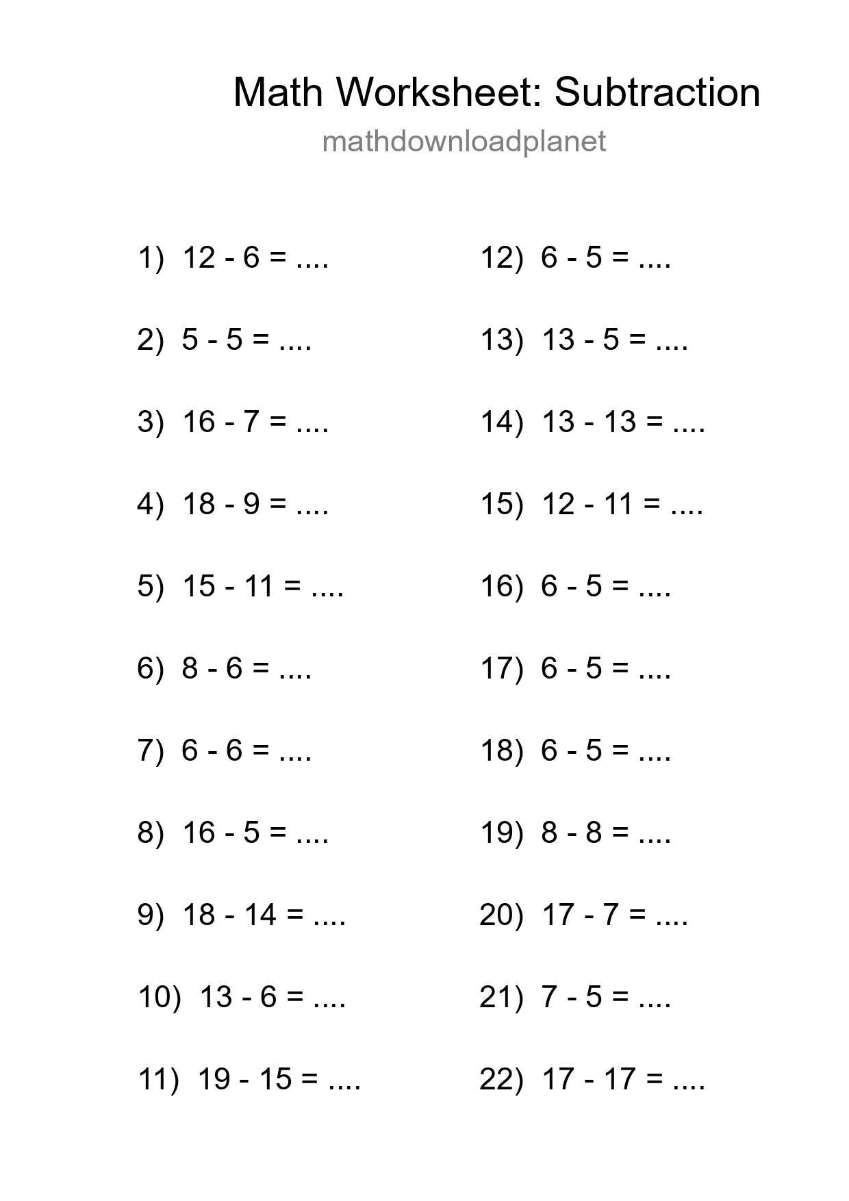 Grade 2 Subtraction Practice Worksheet (22 Problems) - Part 140