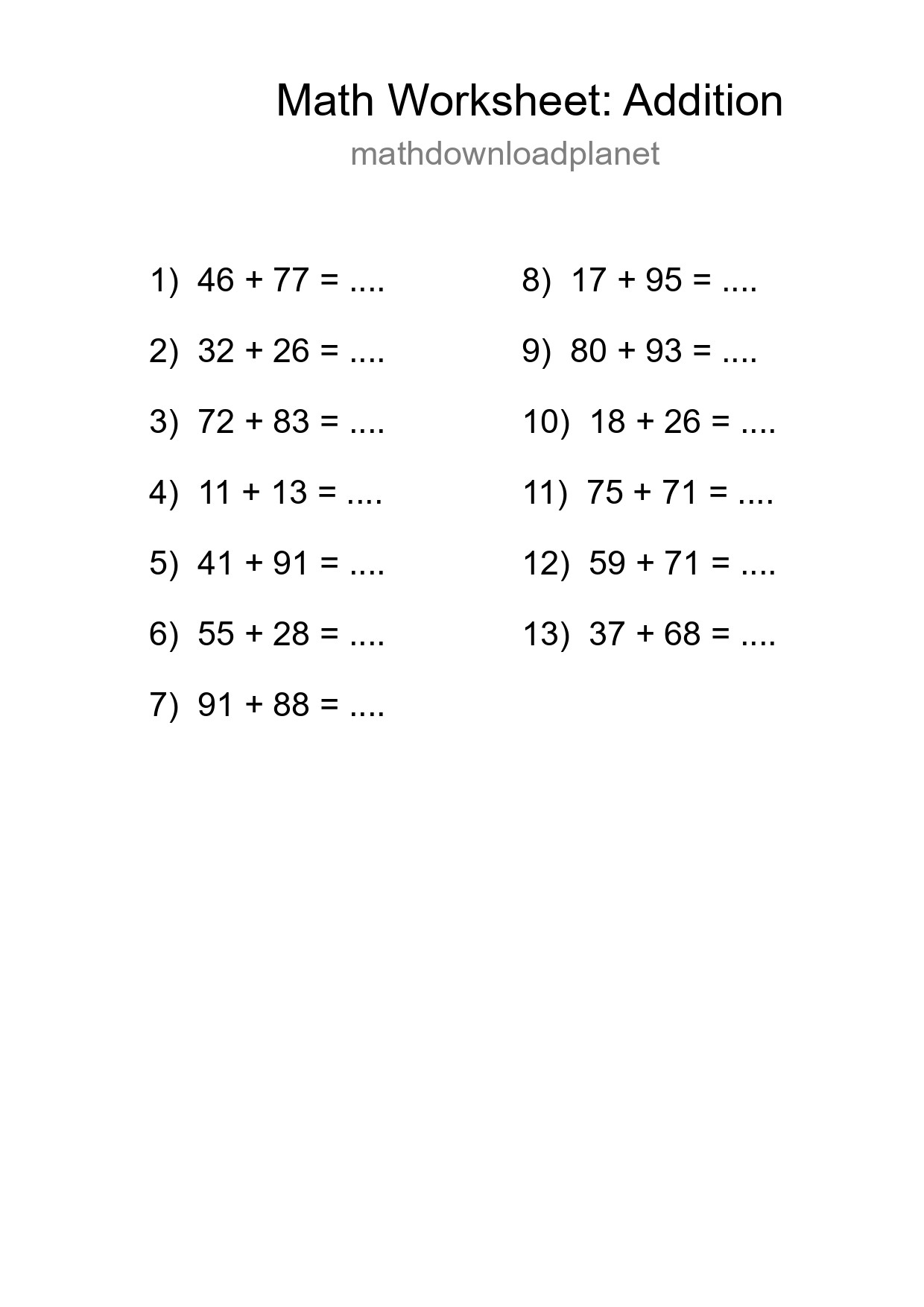 Grade 3 Addition Practice Worksheet (13 Problems) - Part 100