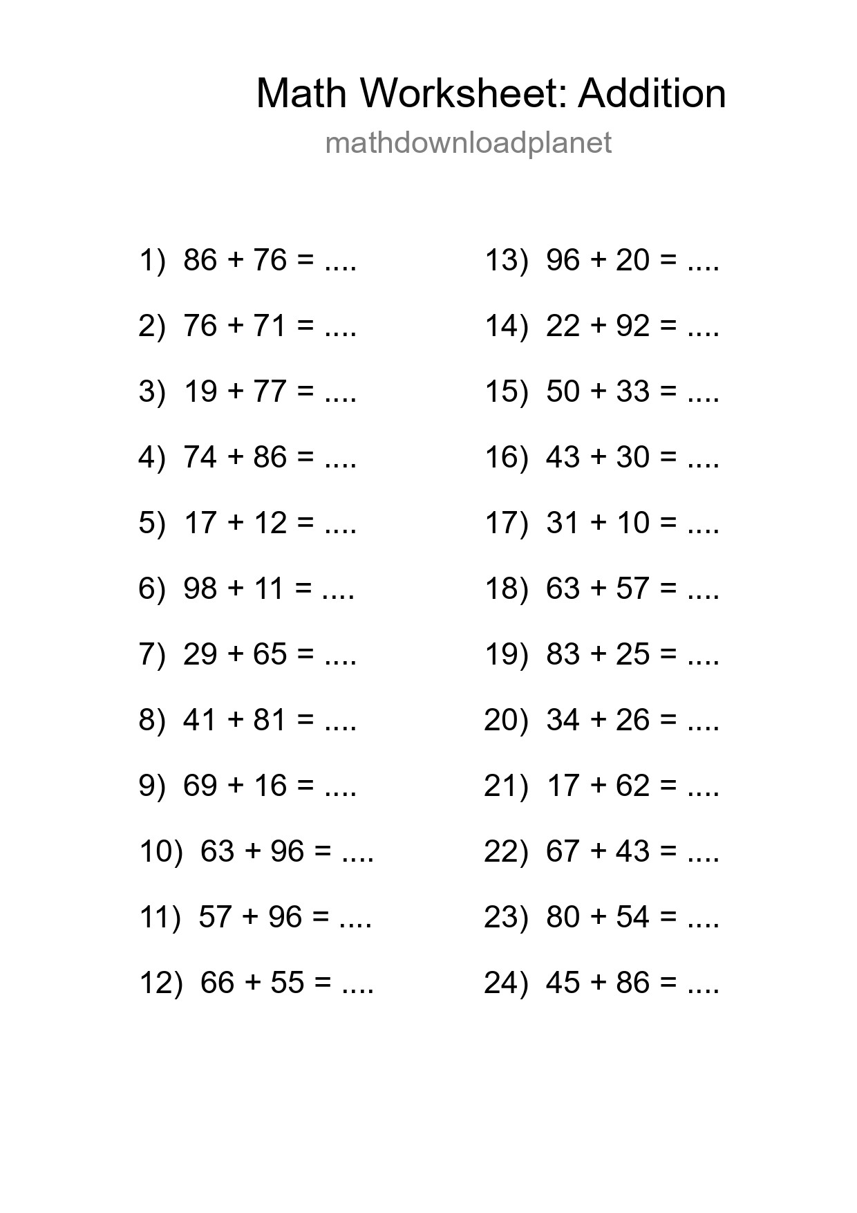 Grade 3 Addition Practice Worksheet (24 Problems) - Part 177