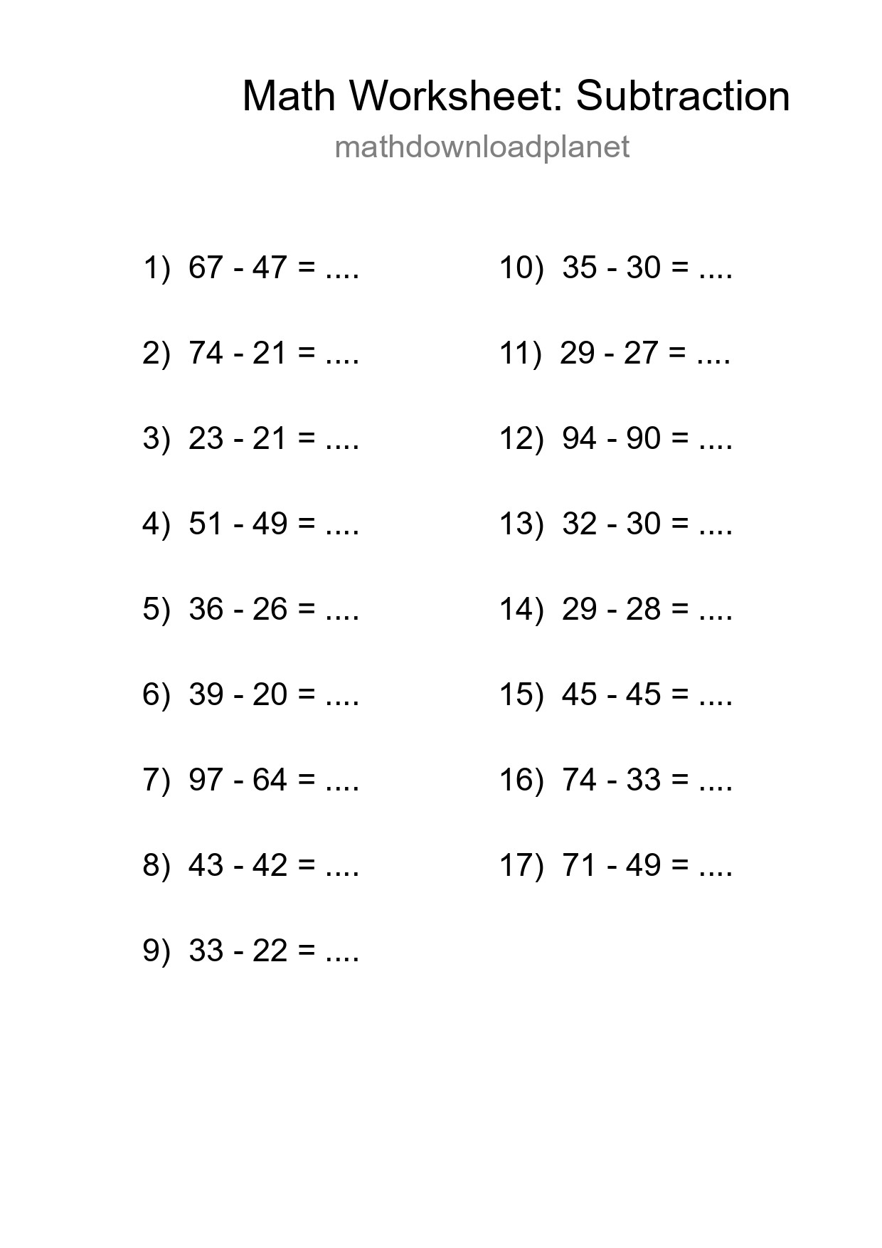 Grade 3 Subtraction Practice Worksheet (17 Problems) - Part 261