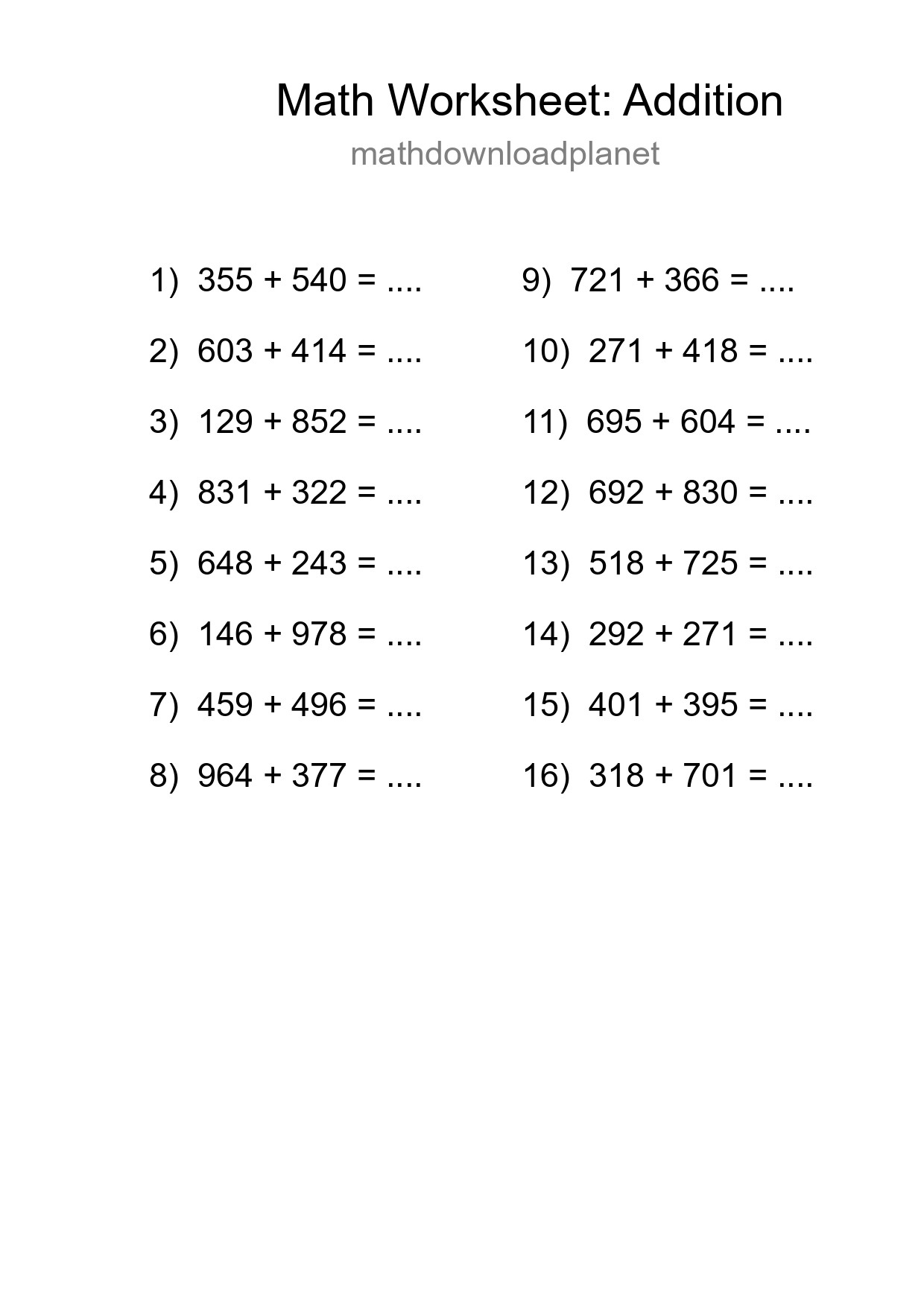 Grade 5 Addition Practice Worksheet (16 Problems) - Part 265