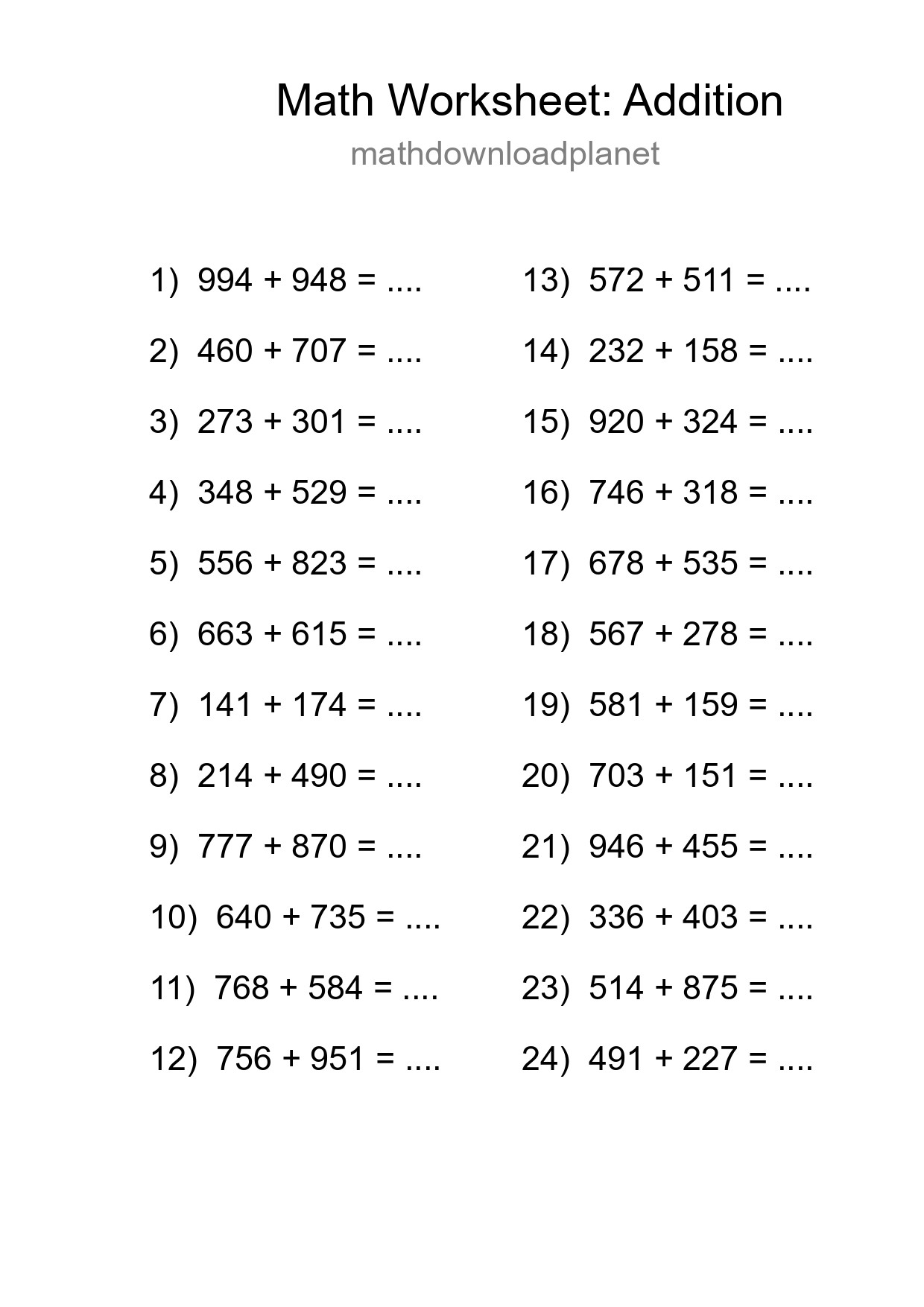 Grade 5 Addition Practice Worksheet (24 Problems) - Part 276