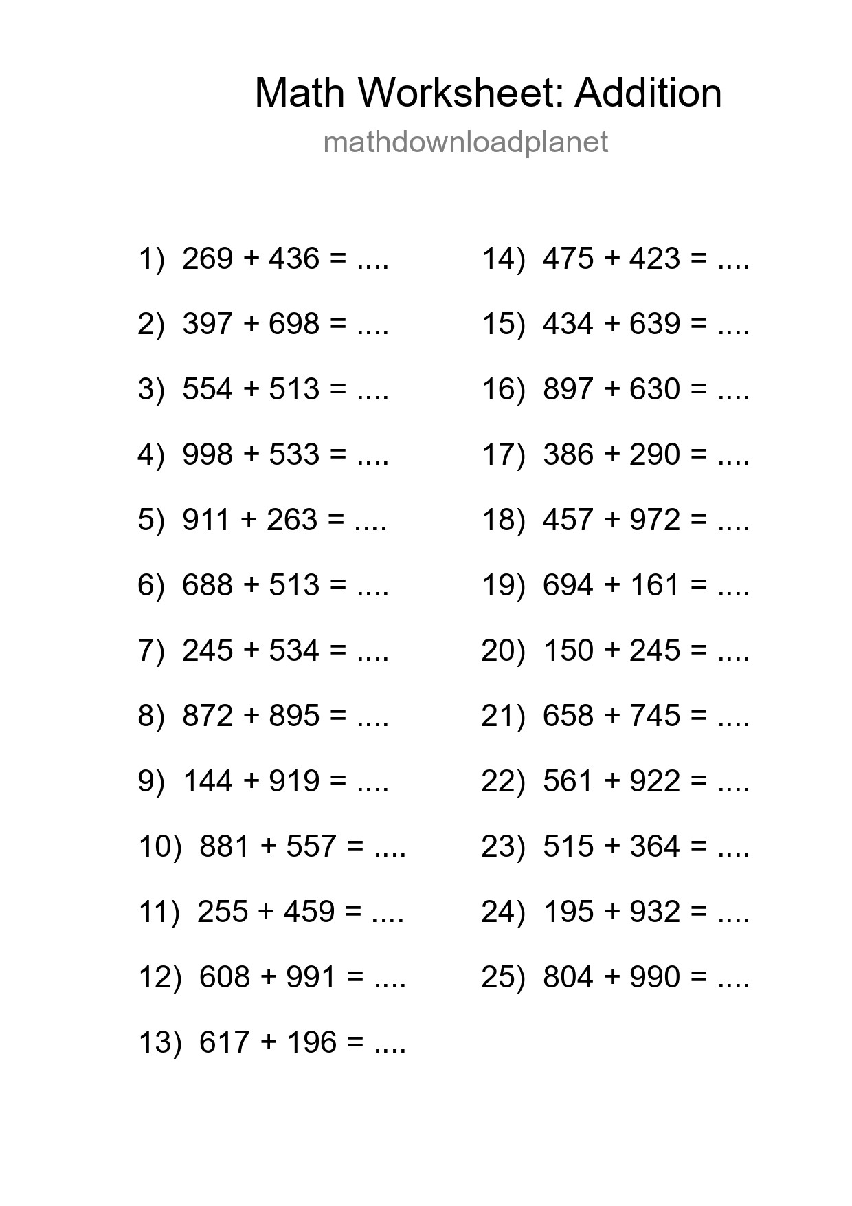 Grade 5 Addition Practice Worksheet (25 Problems) - Part 111