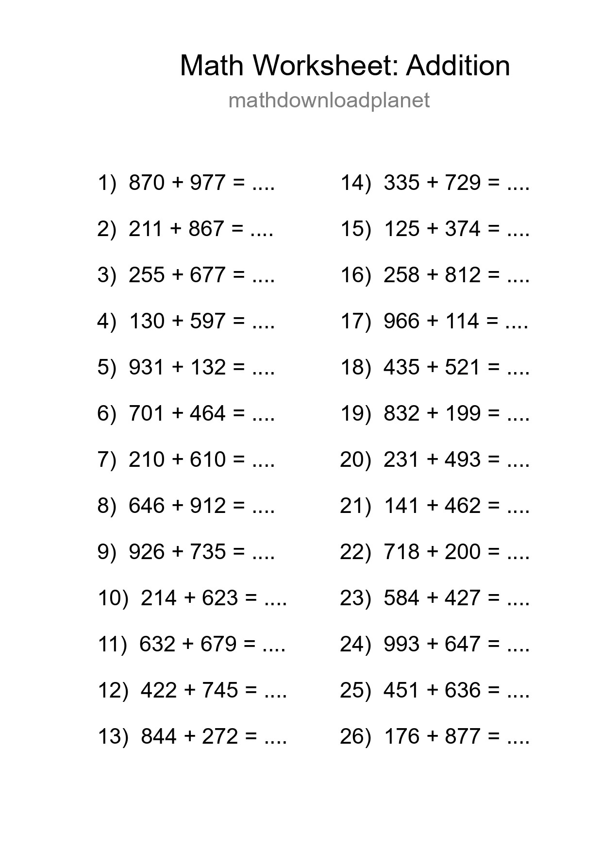 Grade 5 Addition Practice Worksheet (26 Problems) - Part 12