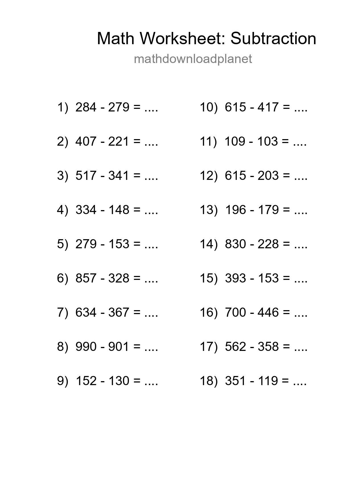 Grade 5 Subtraction Practice Worksheet (18 Problems) - Part 85