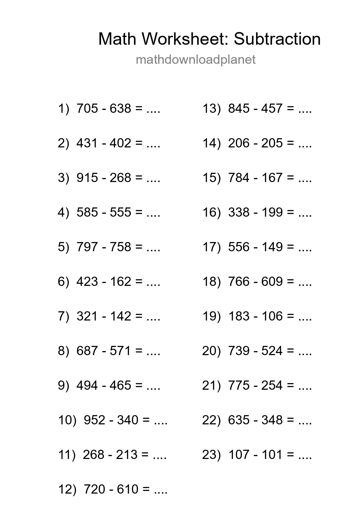 Grade 5 Subtraction Practice Worksheet (23 Problems) - Part 250