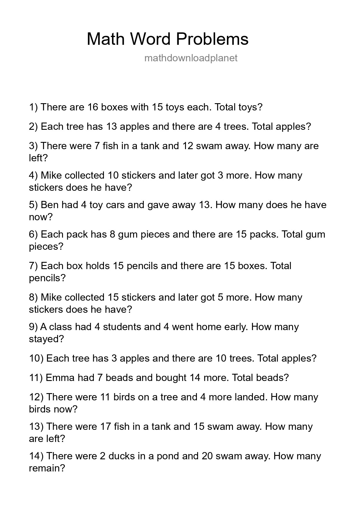 Math Word Problem Worksheet