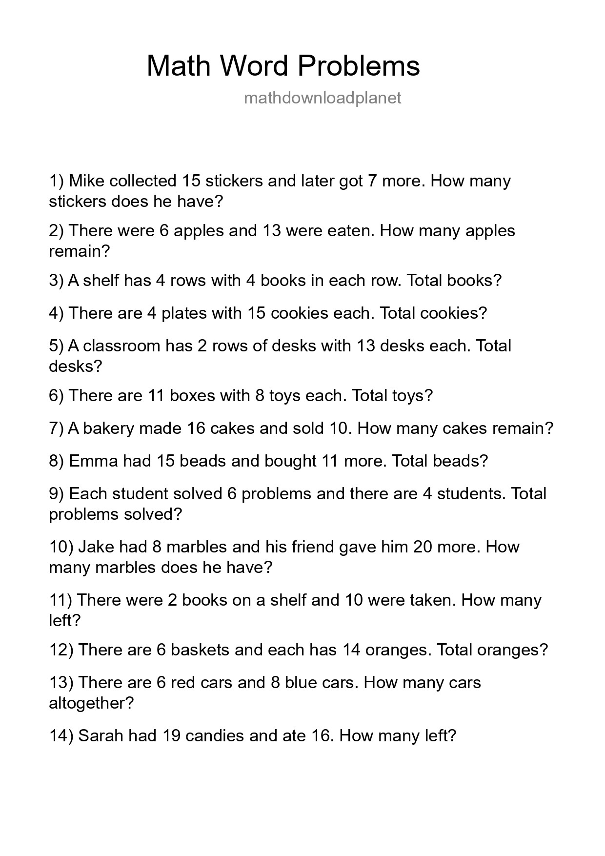 Math Word Problem Worksheet