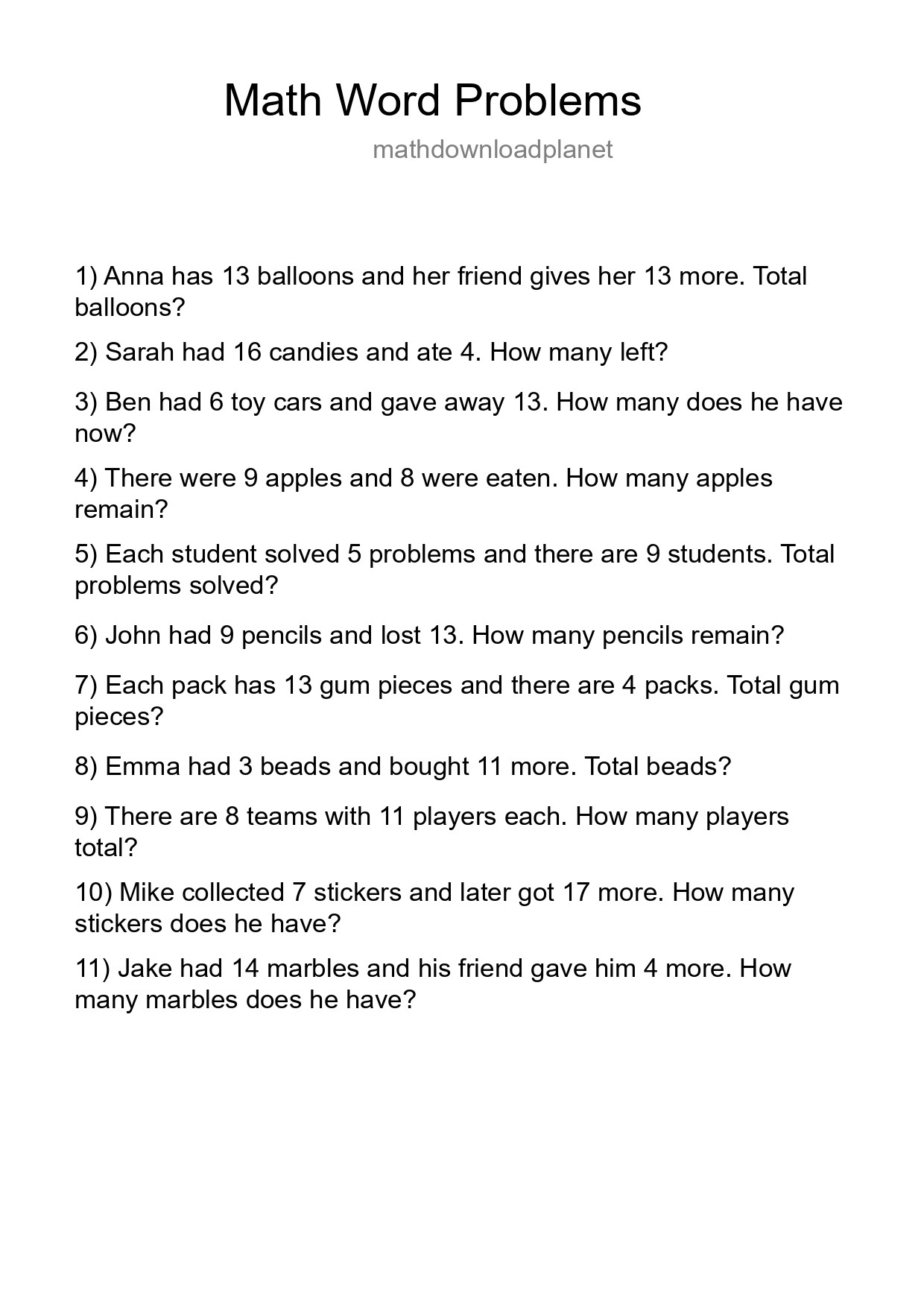 Math Word Problem Worksheet