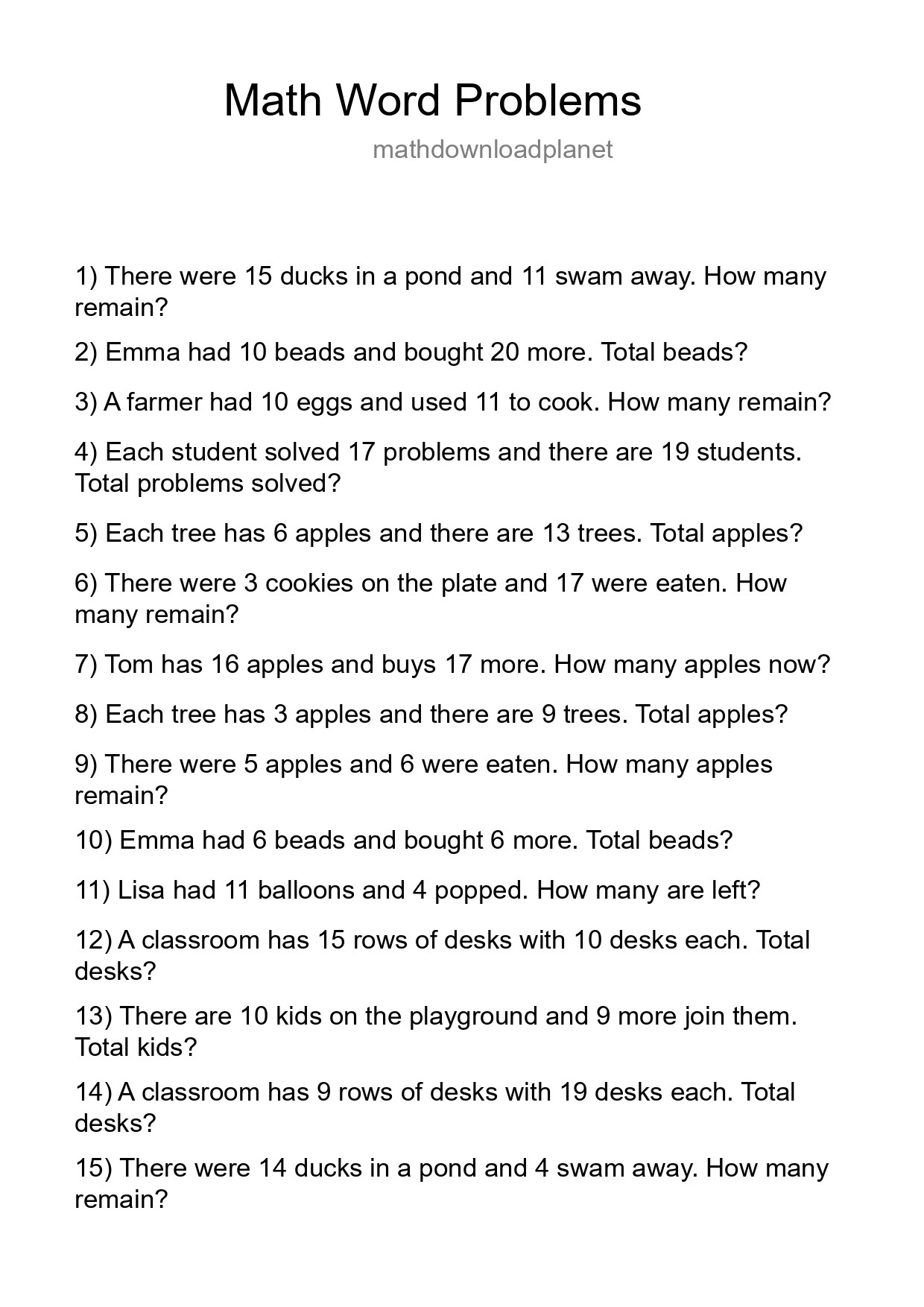 Math Word Problem Worksheet